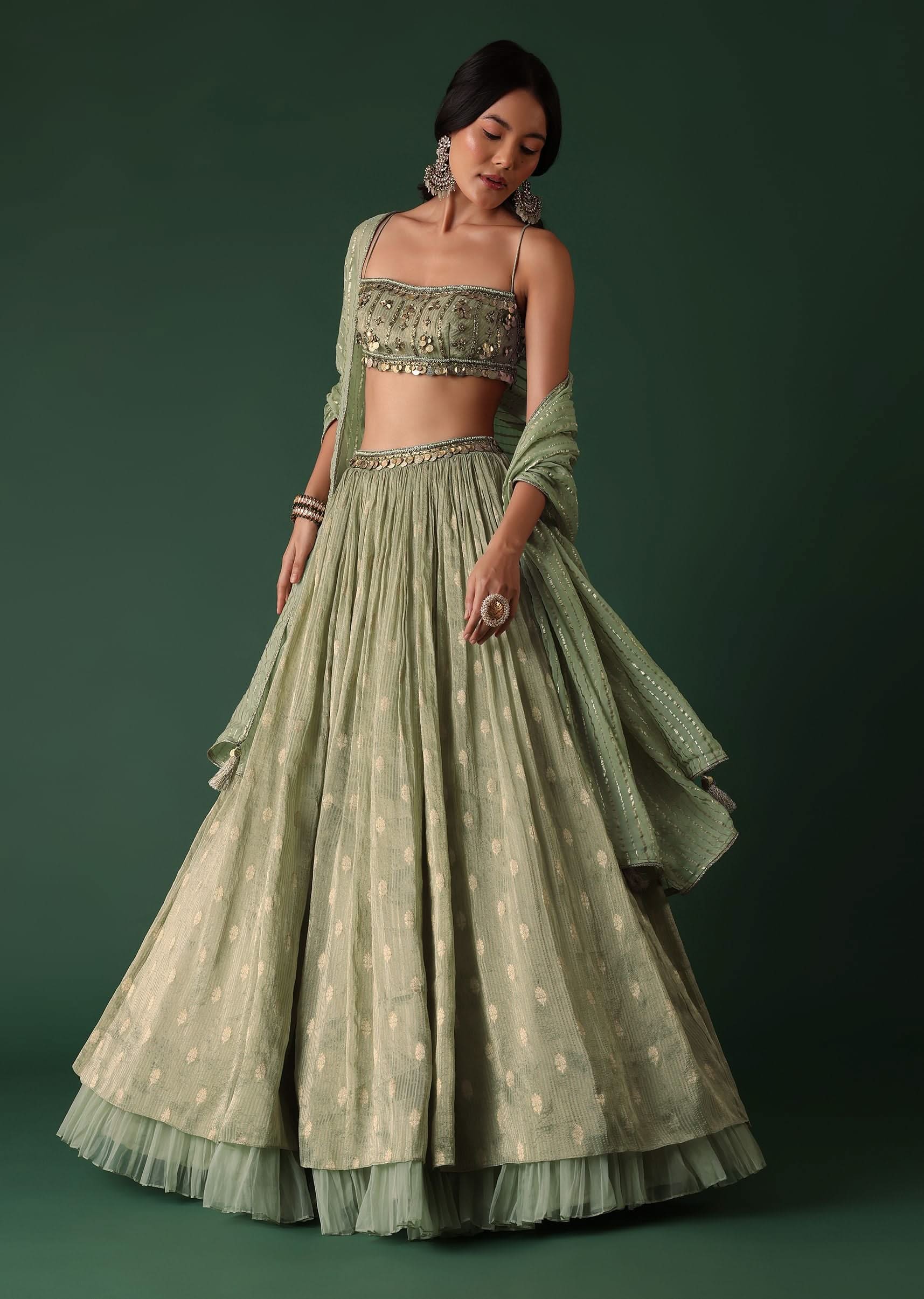 Pale Olive Green Printed Lehenga And Blouse Set In Banarasi Silk