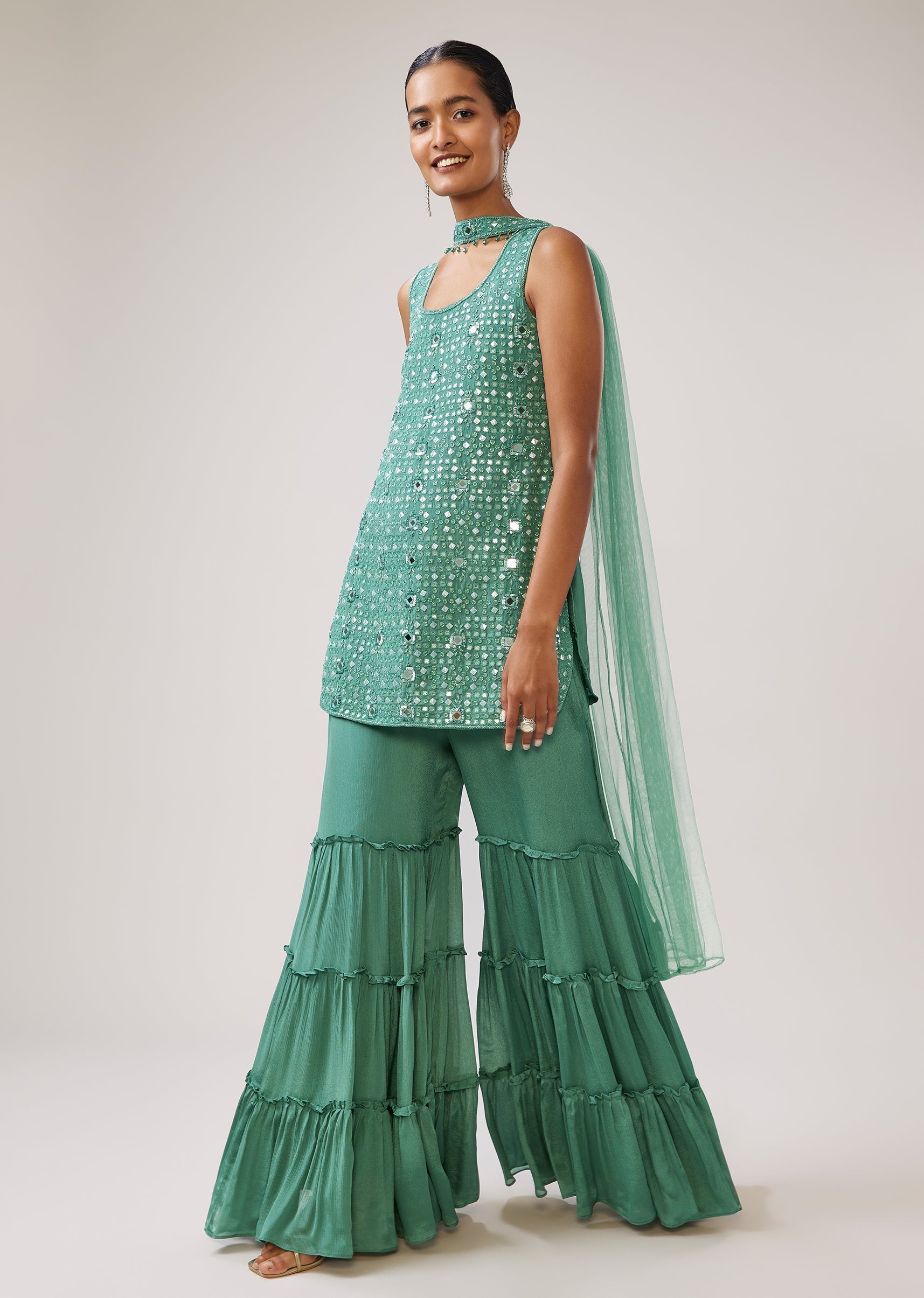 Pastel Green Mirror Sequin Sharara Suit With Dupatta