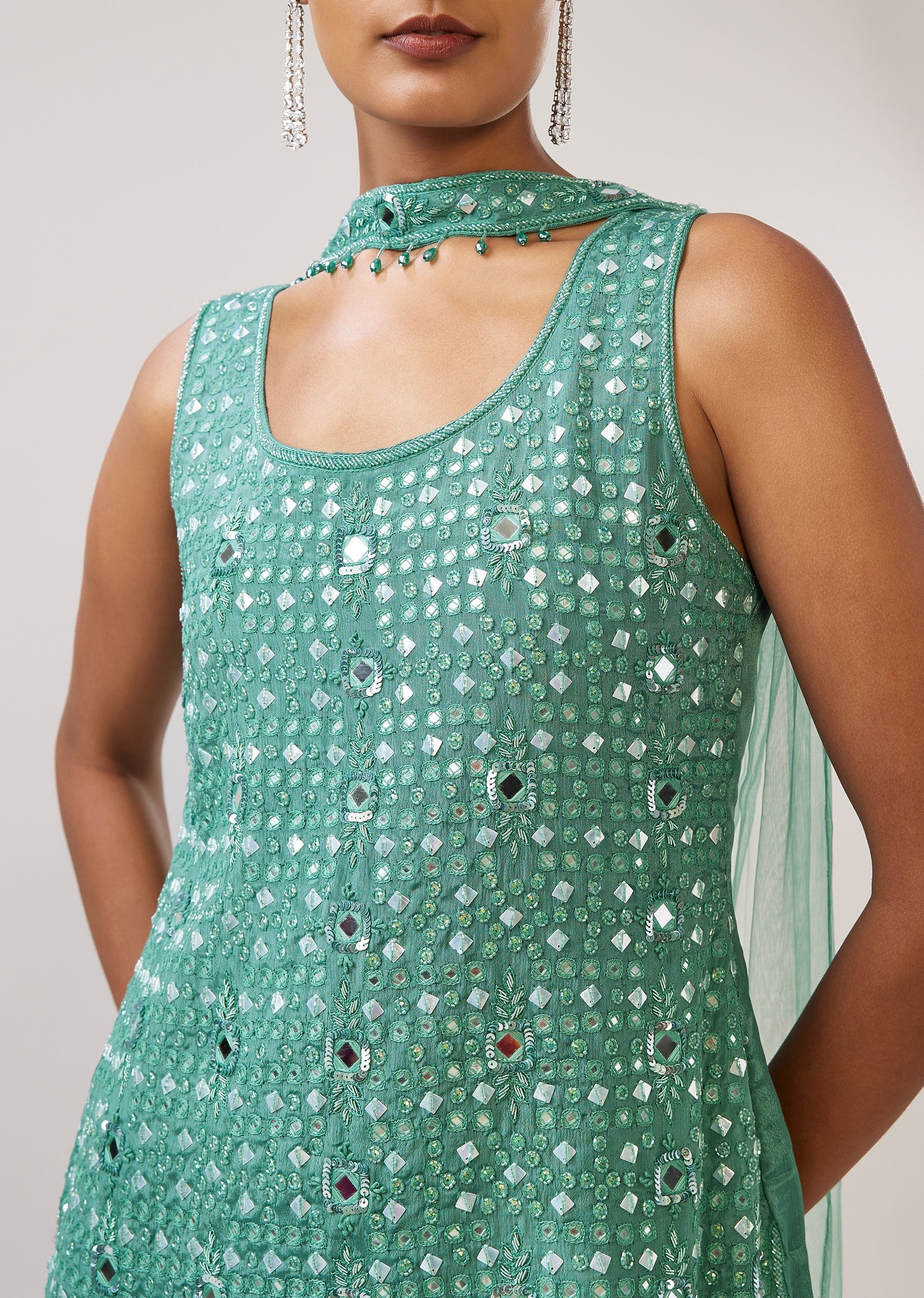 Pastel Green Mirror Sequin Sharara Suit With Dupatta