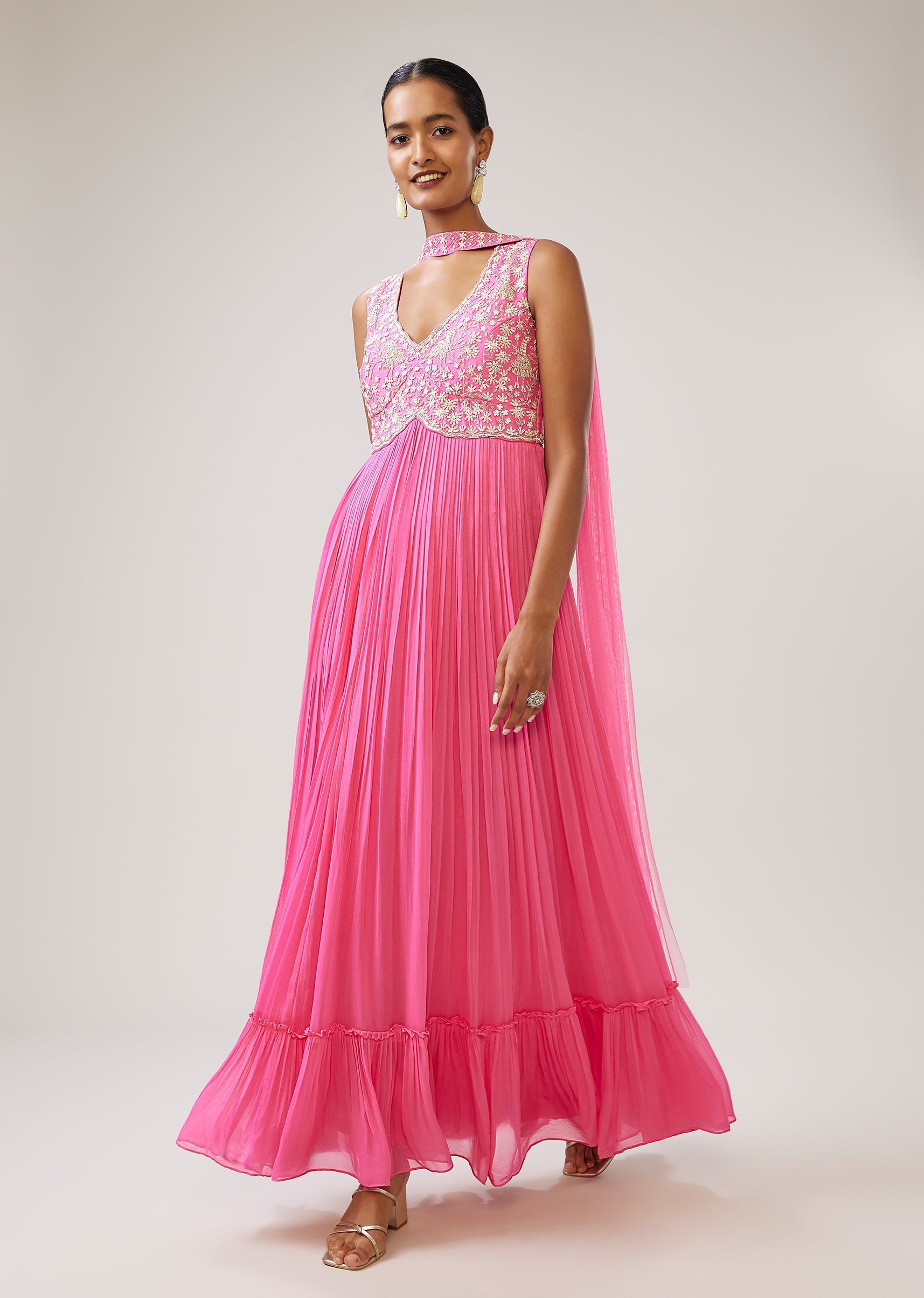 Pastel Pink Cut Dana Sequin Anarkali With Dupatta