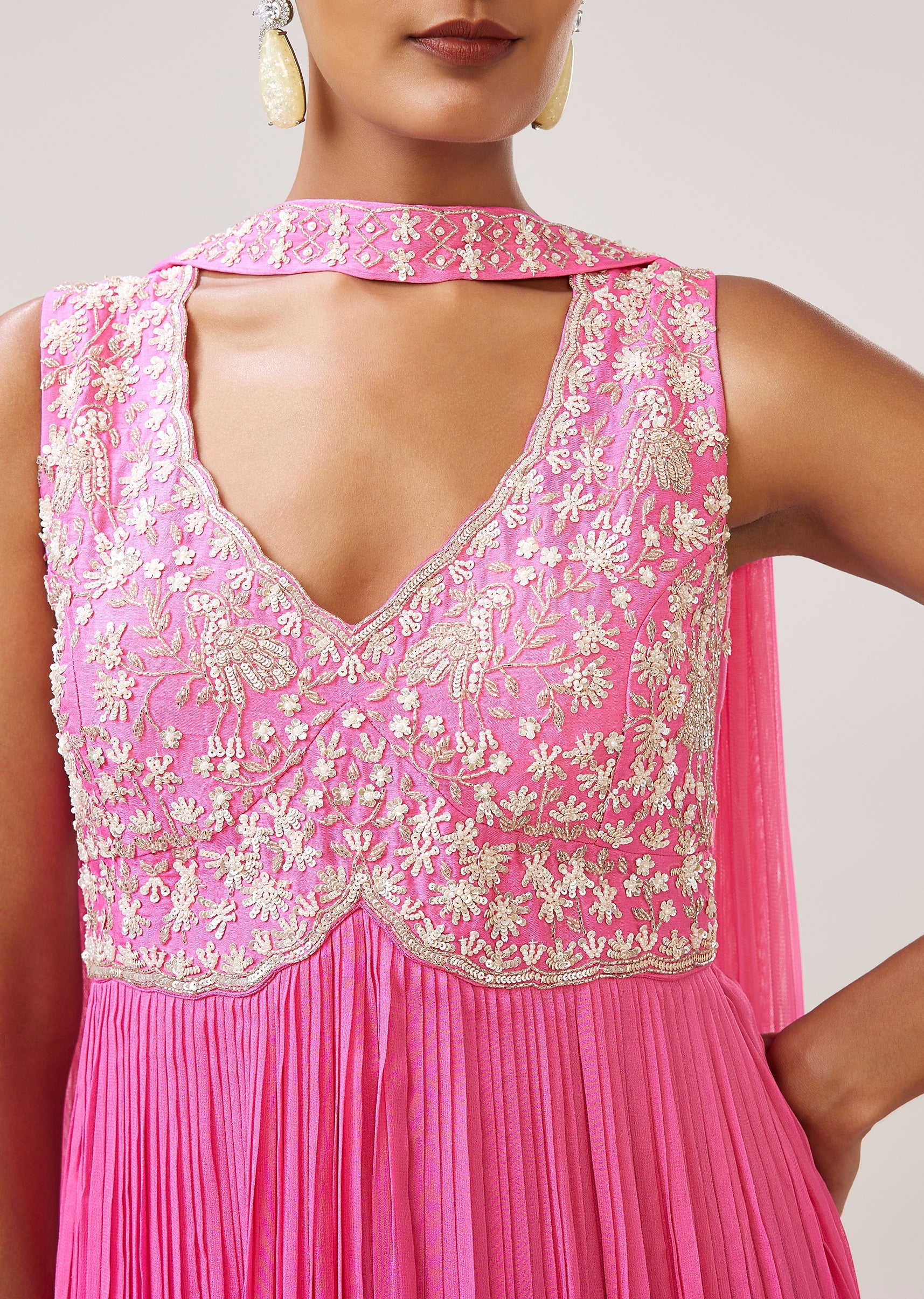 Pastel Pink Cut Dana Sequin Anarkali With Dupatta