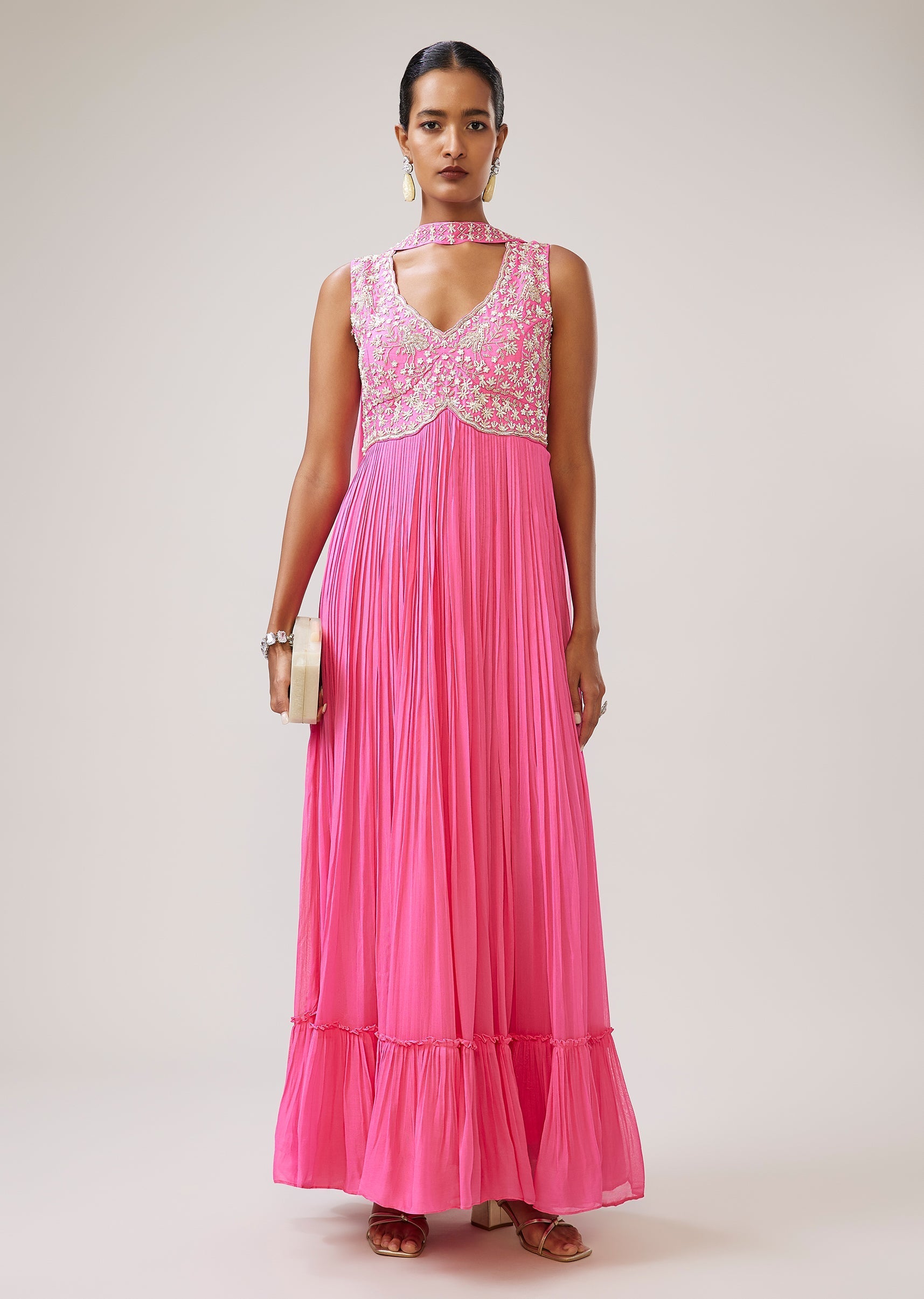 Pastel Pink Cut Dana Sequin Anarkali With Dupatta