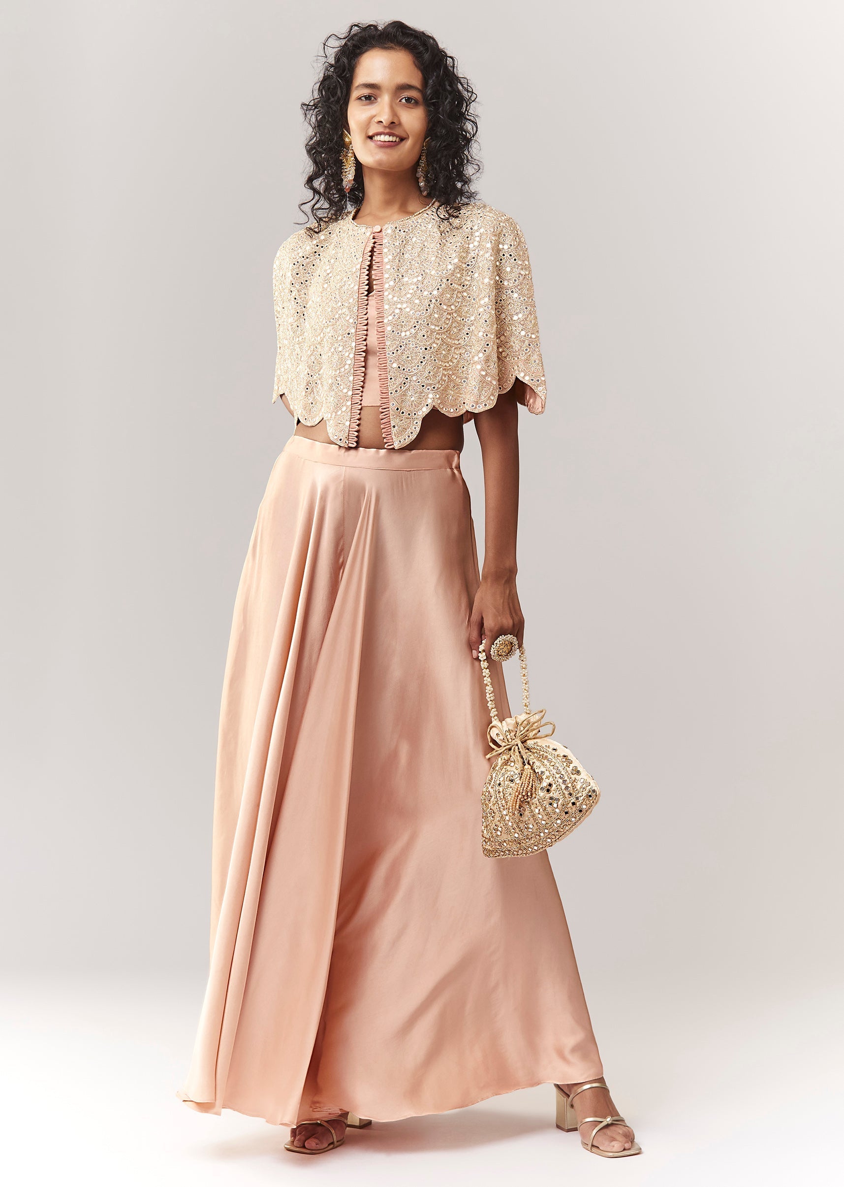 Peach Mirror And Cutdana Work Cape Set With Palazzo