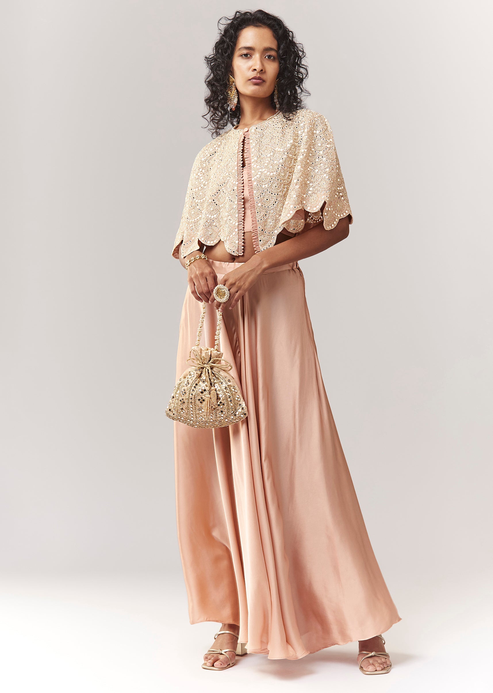 Peach Mirror And Cutdana Work Cape Set With Palazzo