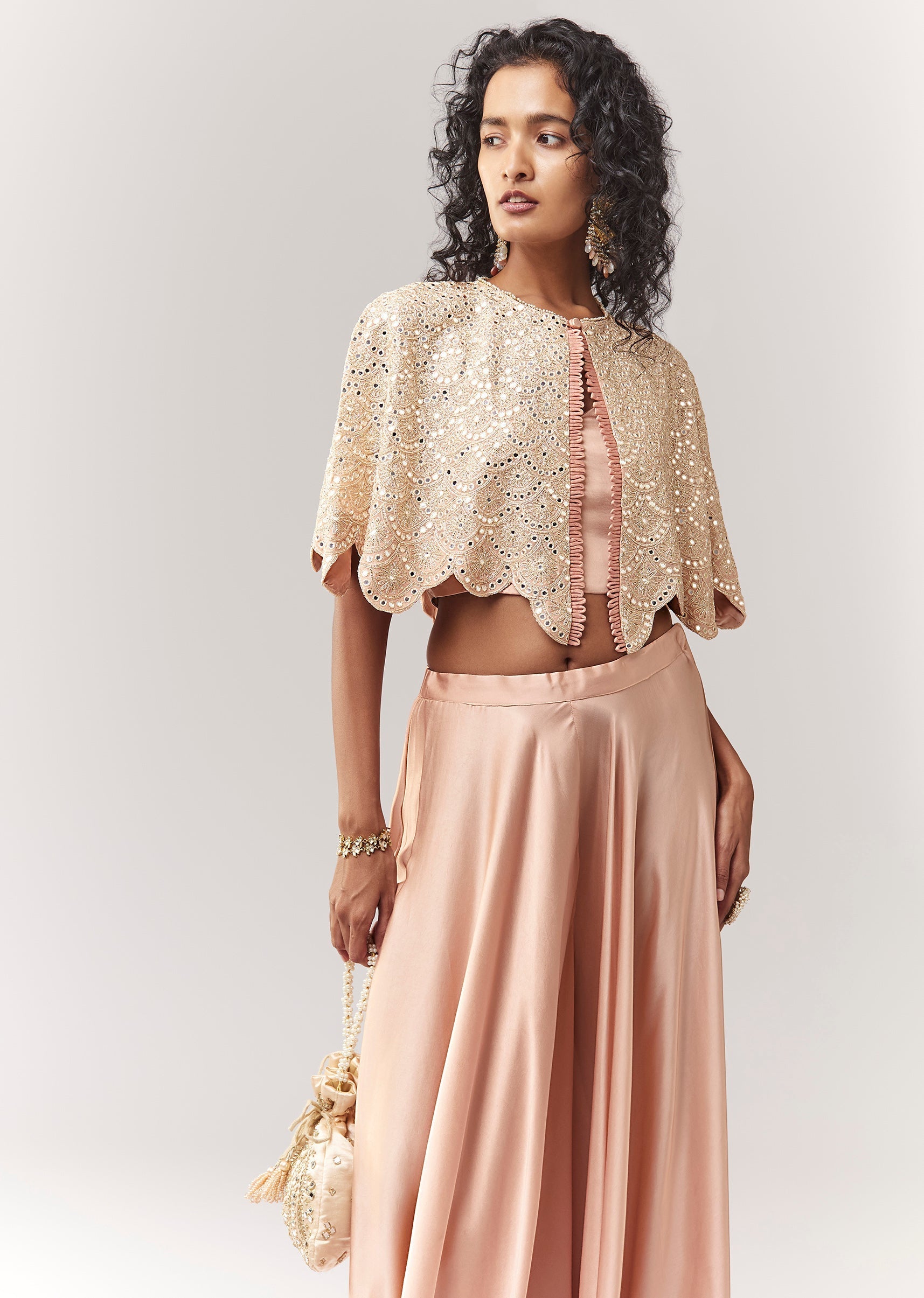 Peach Mirror And Cutdana Work Cape Set With Palazzo