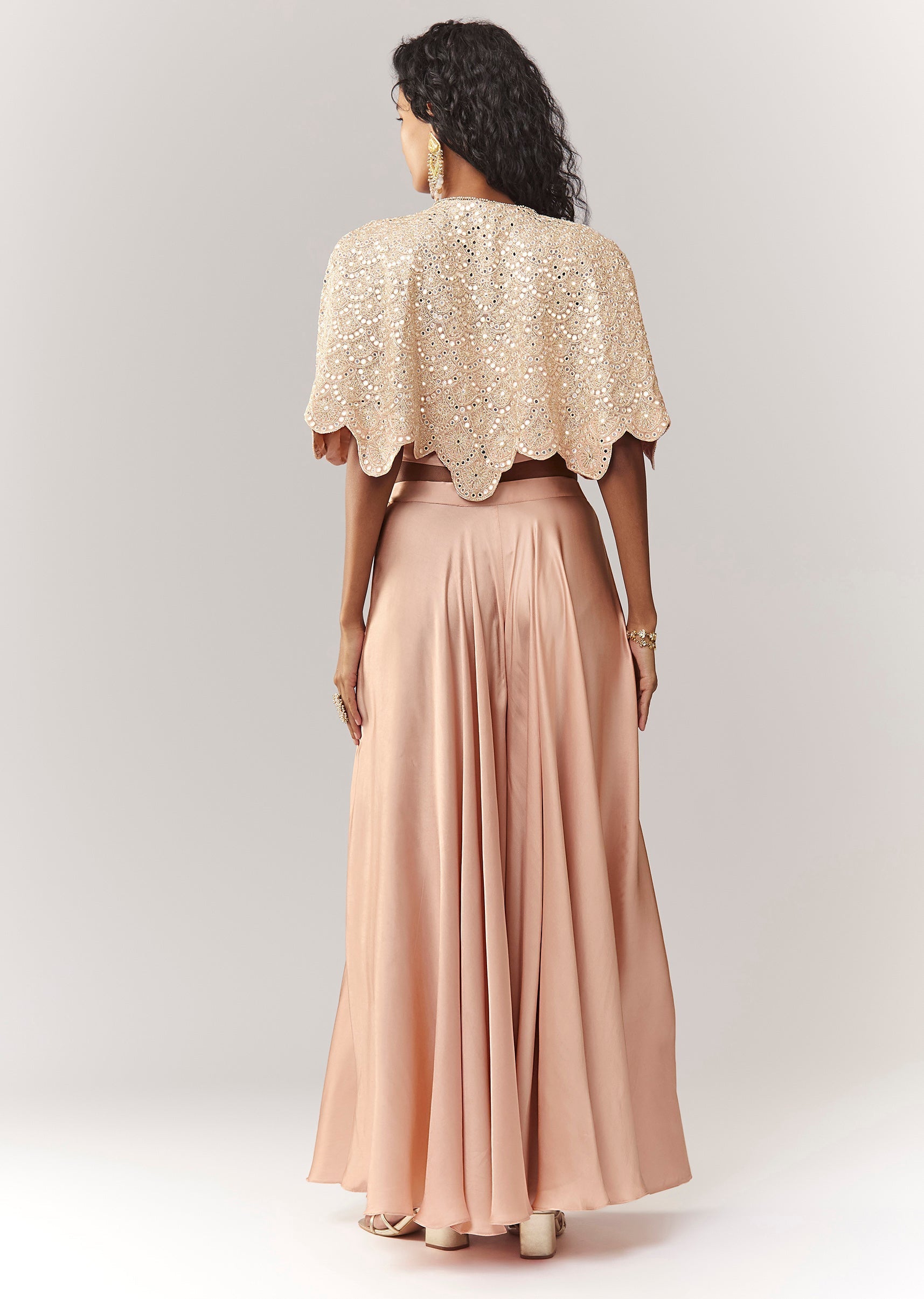 Peach Mirror And Cutdana Work Cape Set With Palazzo