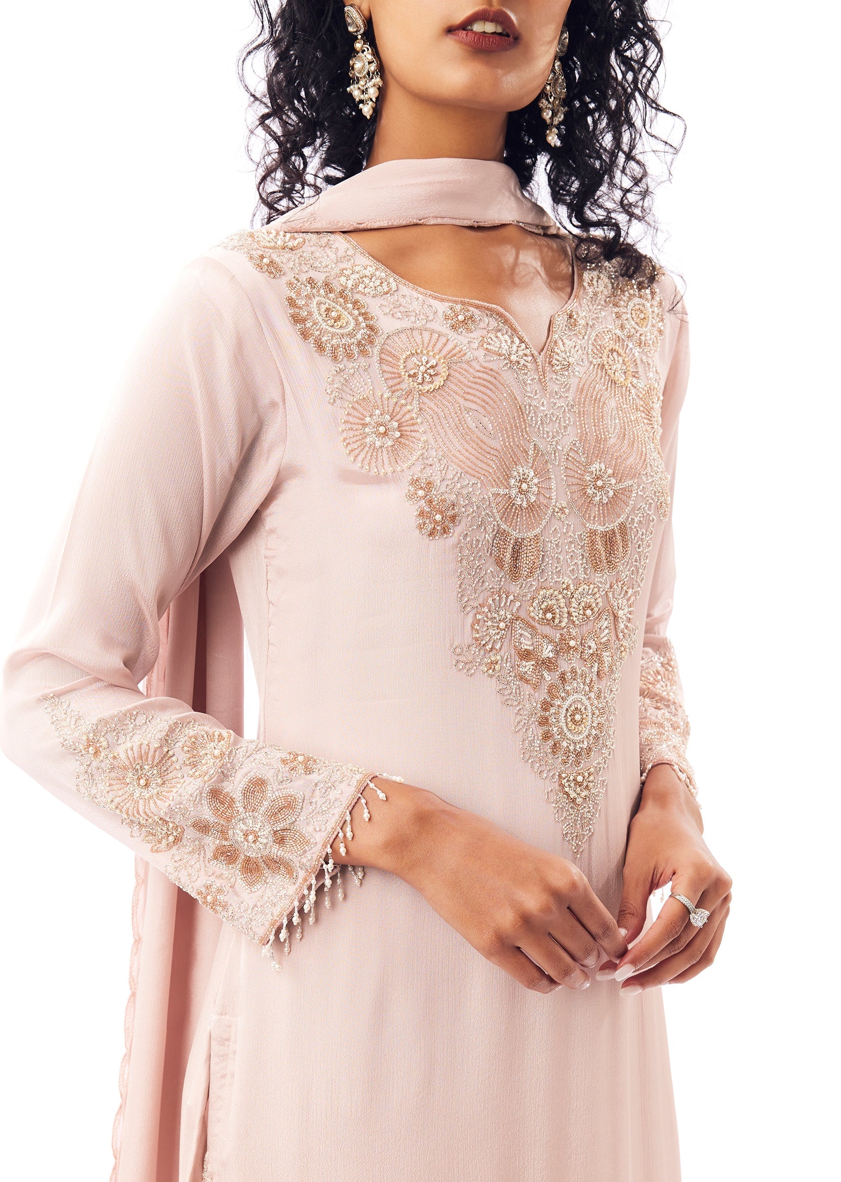 Peach Pakistani Style Sharara Suit With Cutdana Moti Shimmer