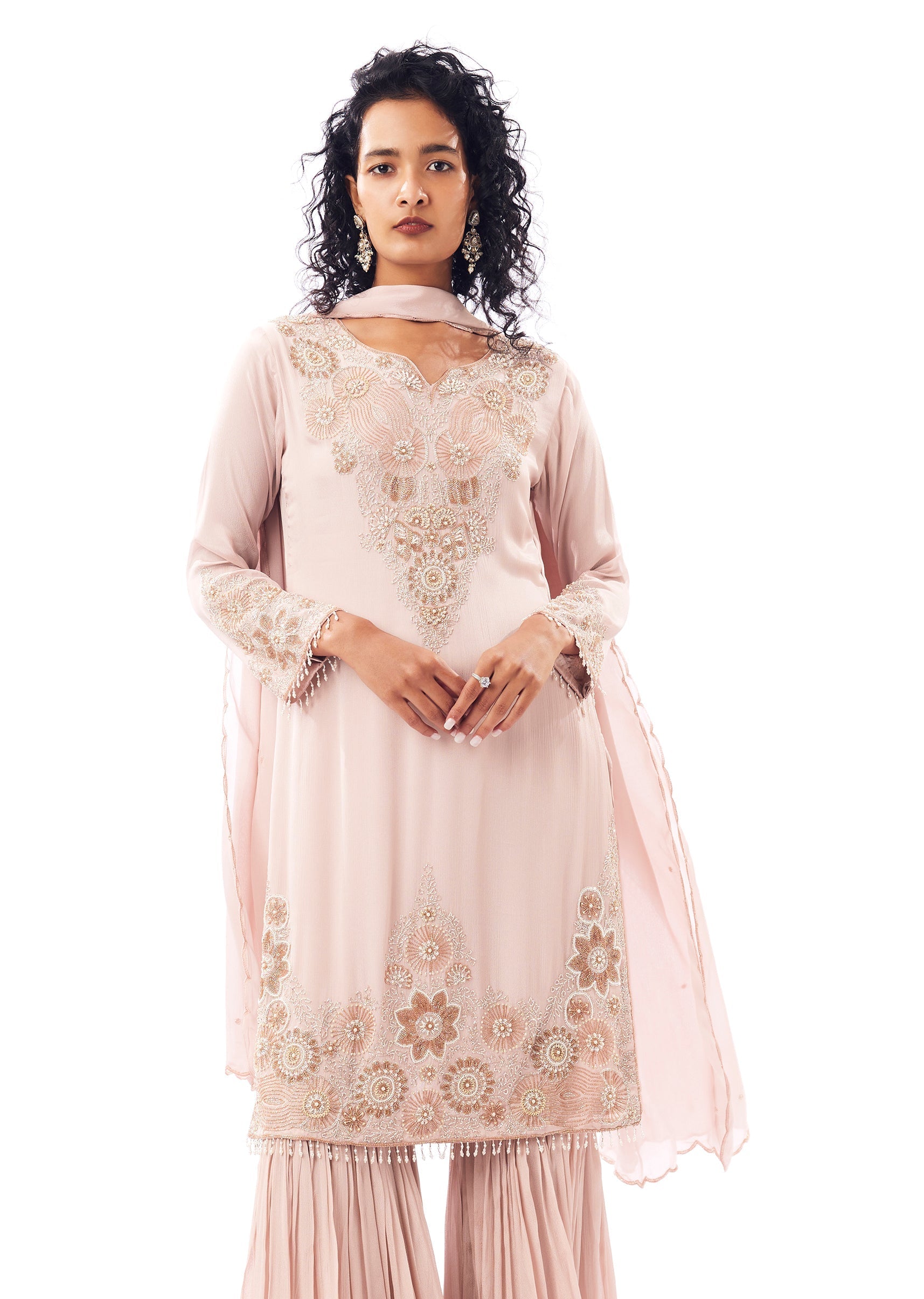 Peach Pakistani Style Sharara Suit With Cutdana Moti Shimmer