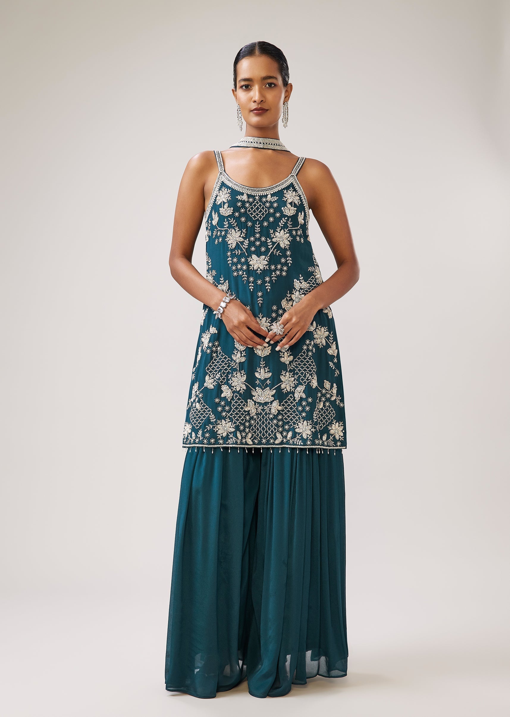 Peacock Blue Sequin Strap Kurta Palazzo Set With Dupatta