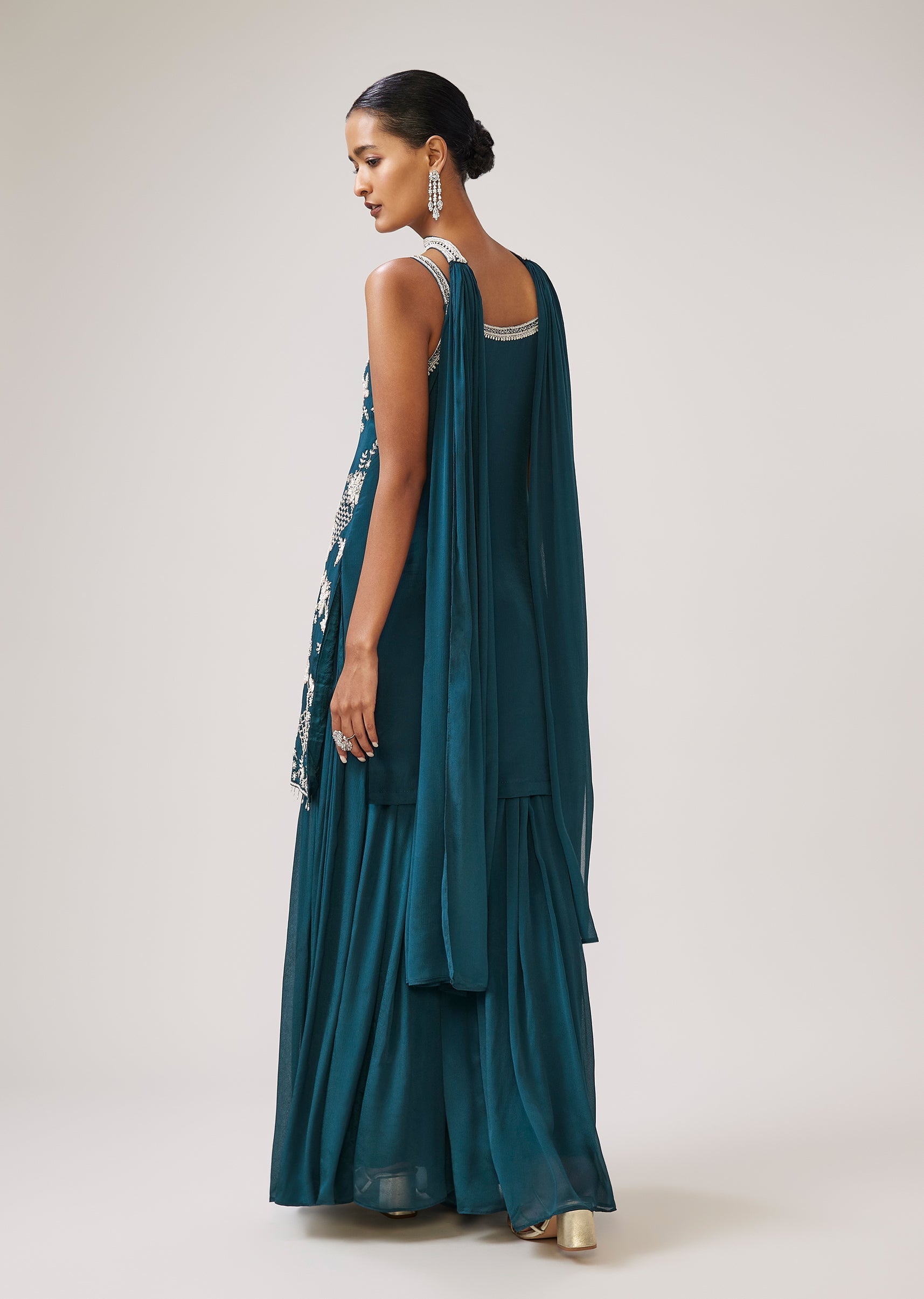 Peacock Blue Sequin Strap Kurta Palazzo Set With Dupatta