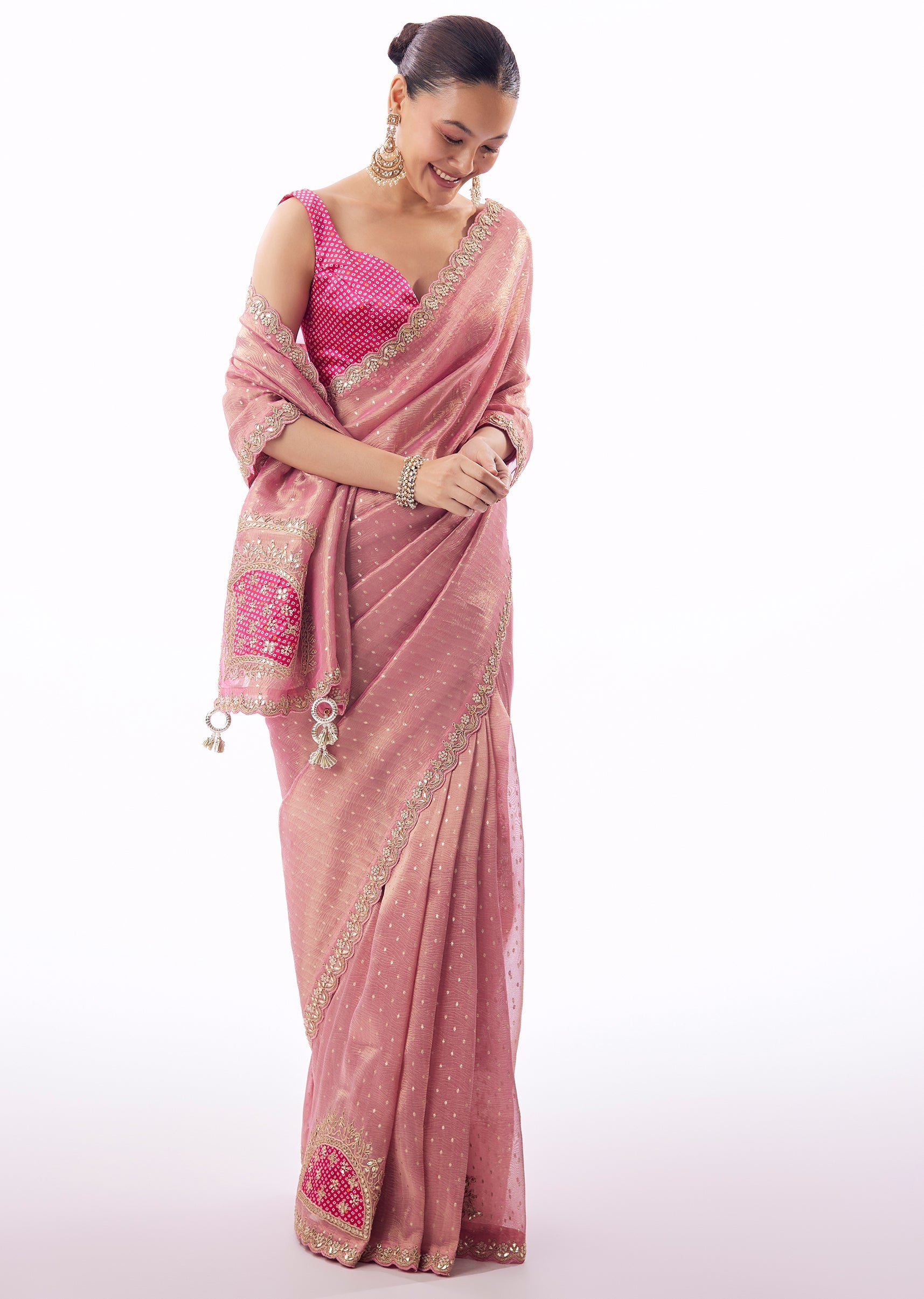 Pink Crushed Tissue Saree With Gota Zari Patchwork And Tassel Detail