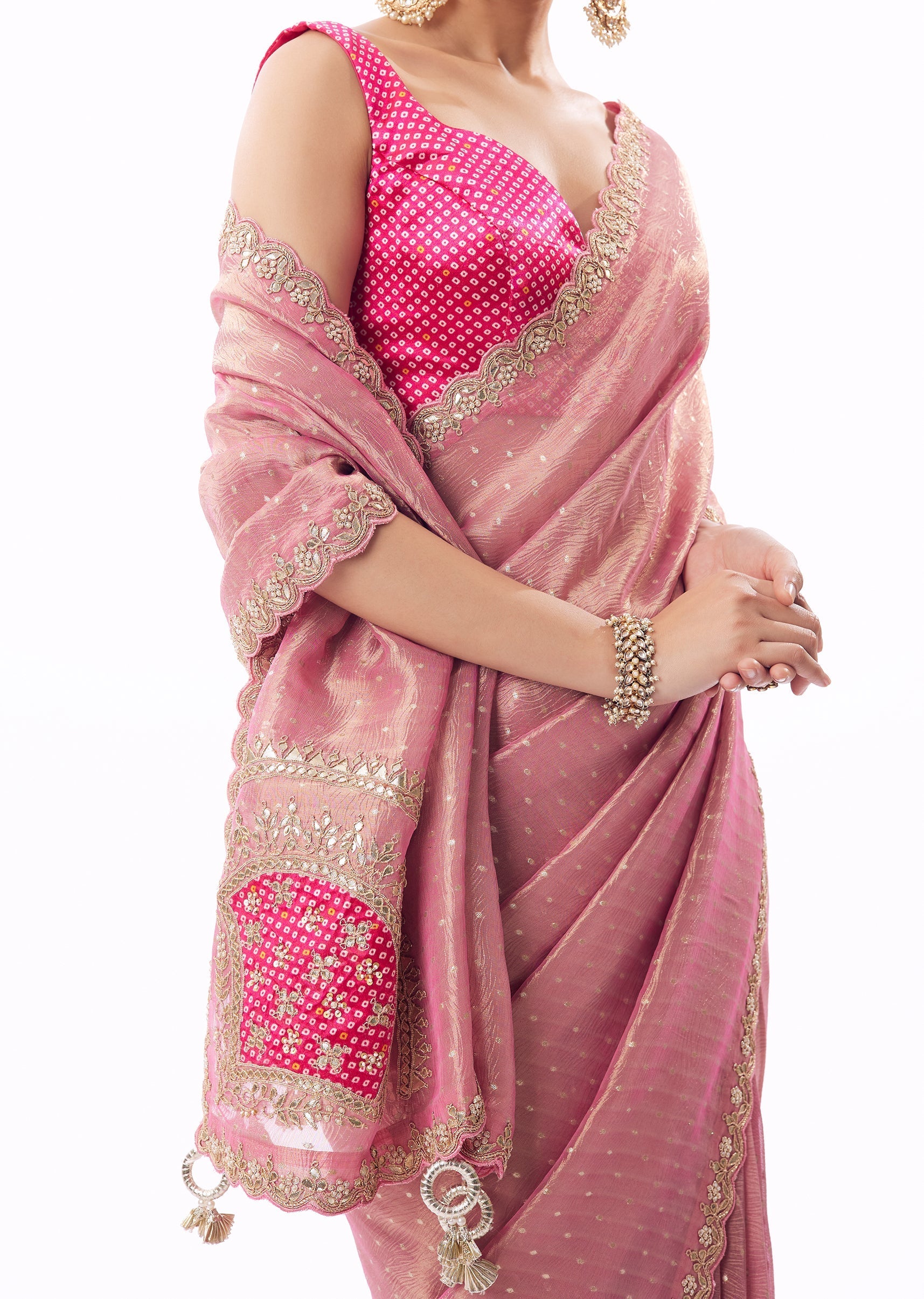 Pink Crushed Tissue Saree With Gota Zari Patchwork And Tassel Detail