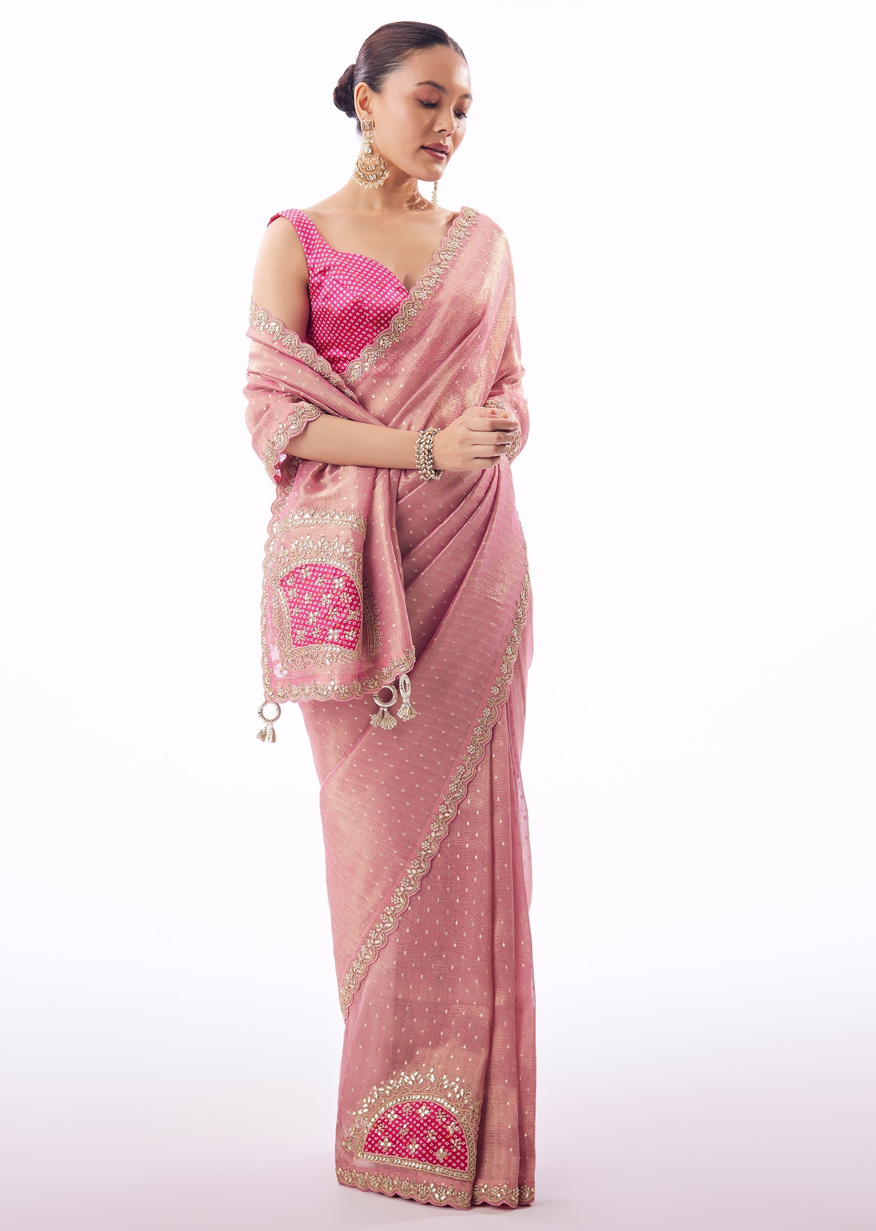 Pink Crushed Tissue Saree With Gota Zari Patchwork And Tassel Detail