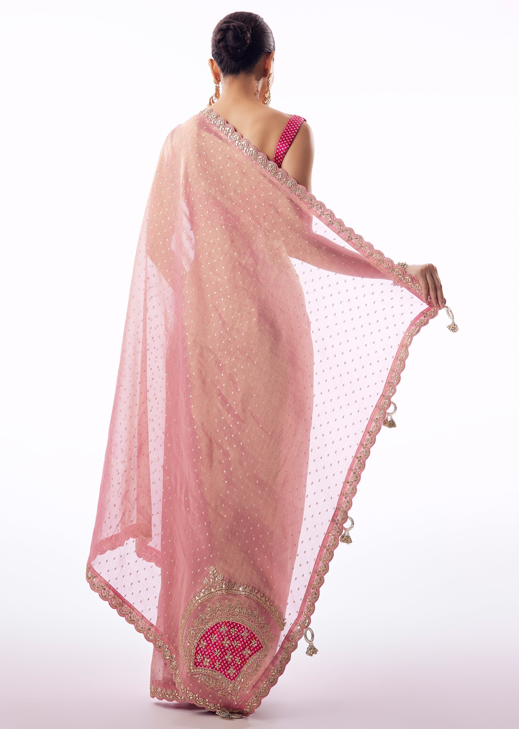 Pink Crushed Tissue Saree With Gota Zari Patchwork And Tassel Detail