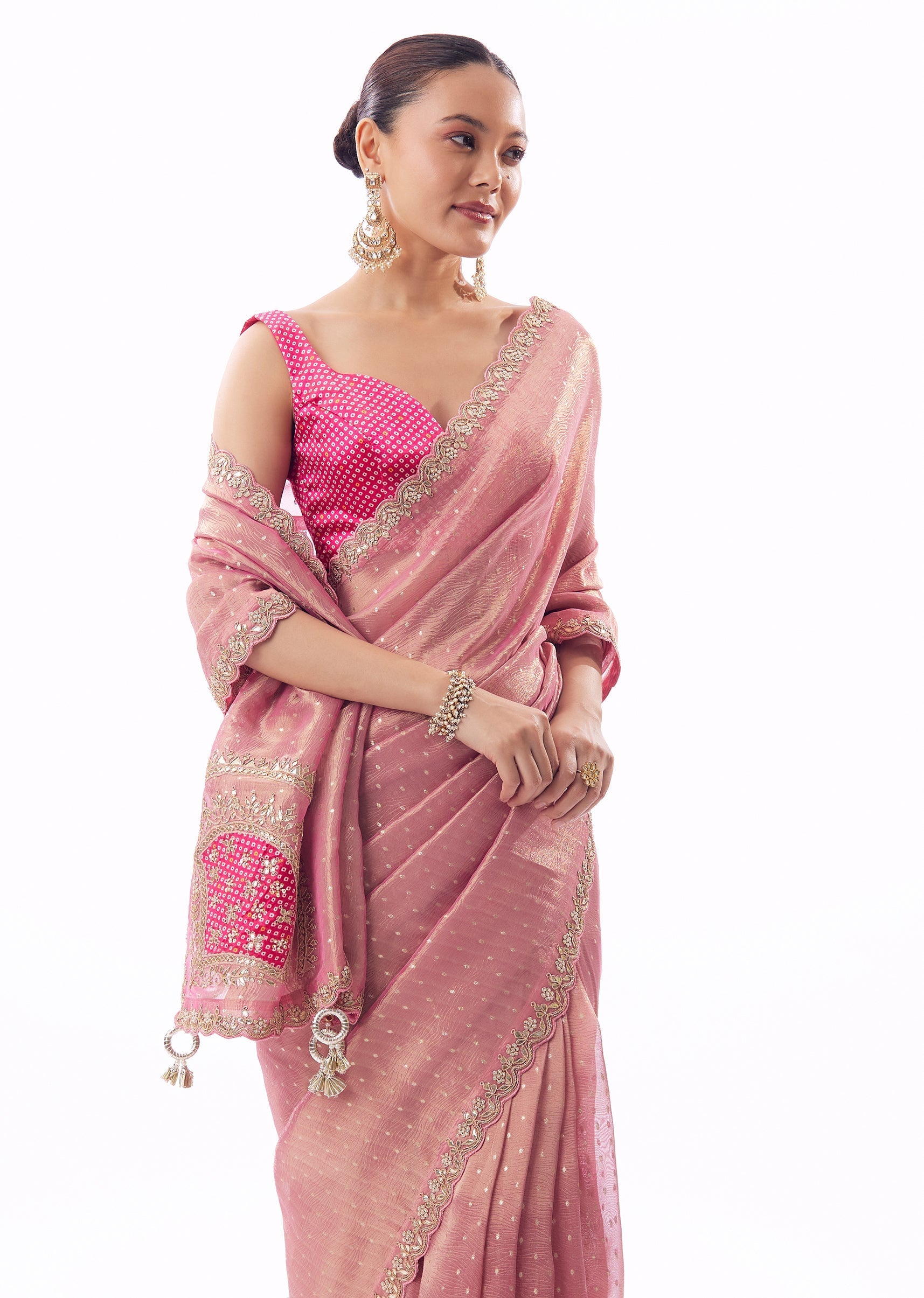 Pink Crushed Tissue Saree With Gota Zari Patchwork And Tassel Detail