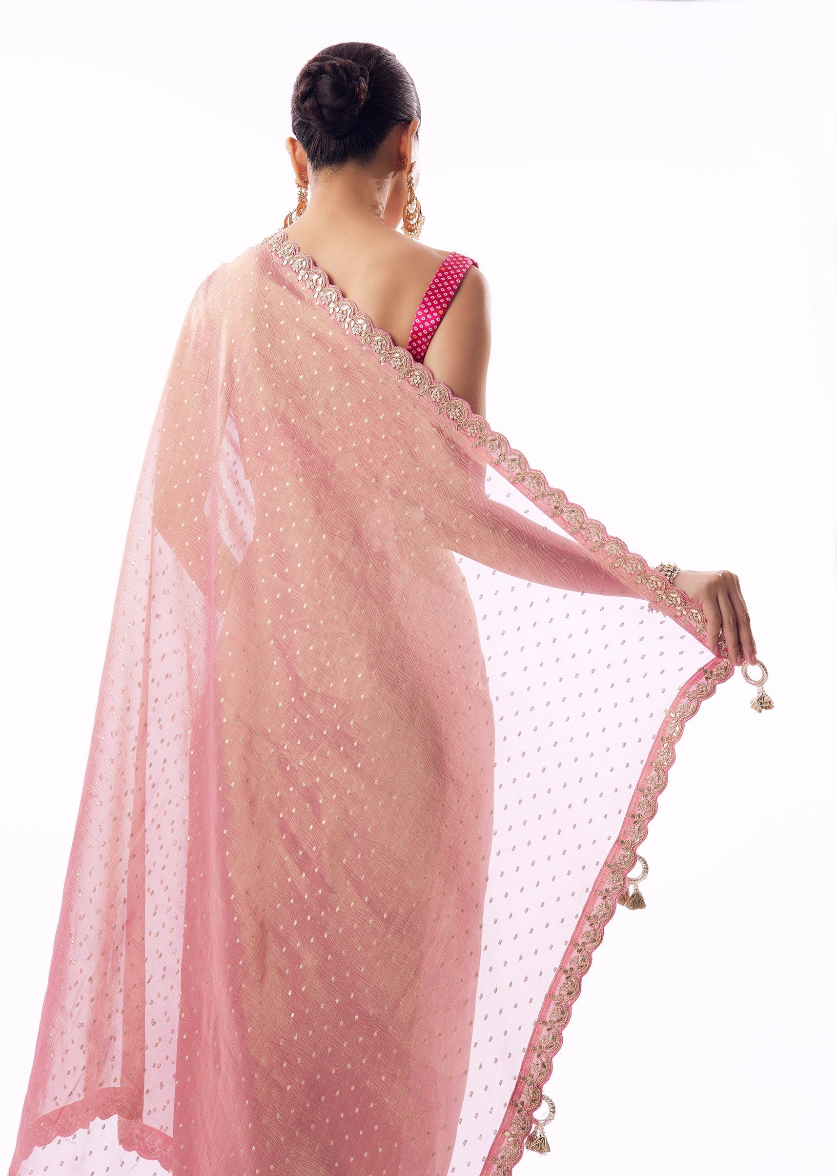 Pink Crushed Tissue Saree With Gota Zari Patchwork And Tassel Detail