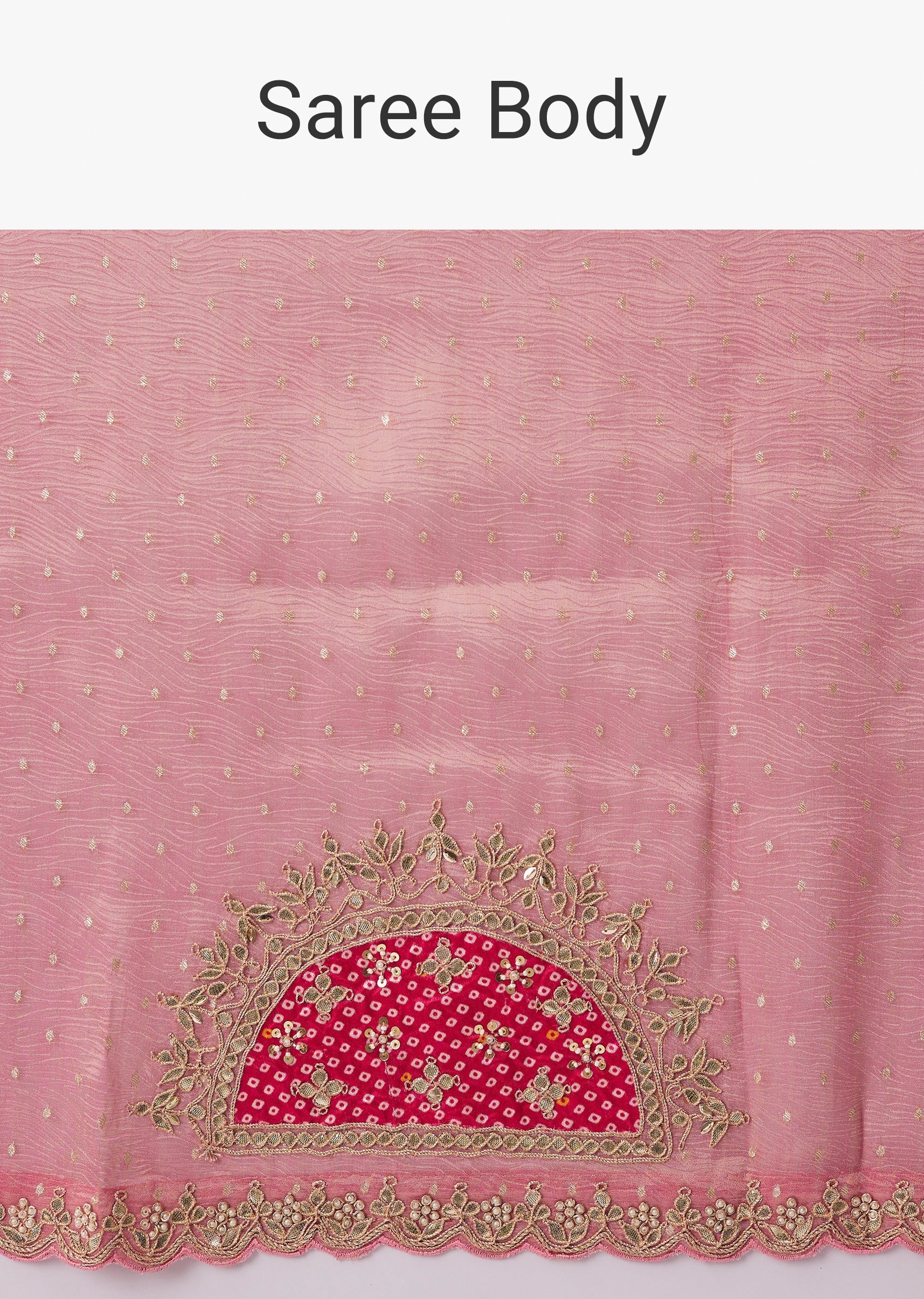 Pink Crushed Tissue Saree With Gota Zari Patchwork And Tassel Detail