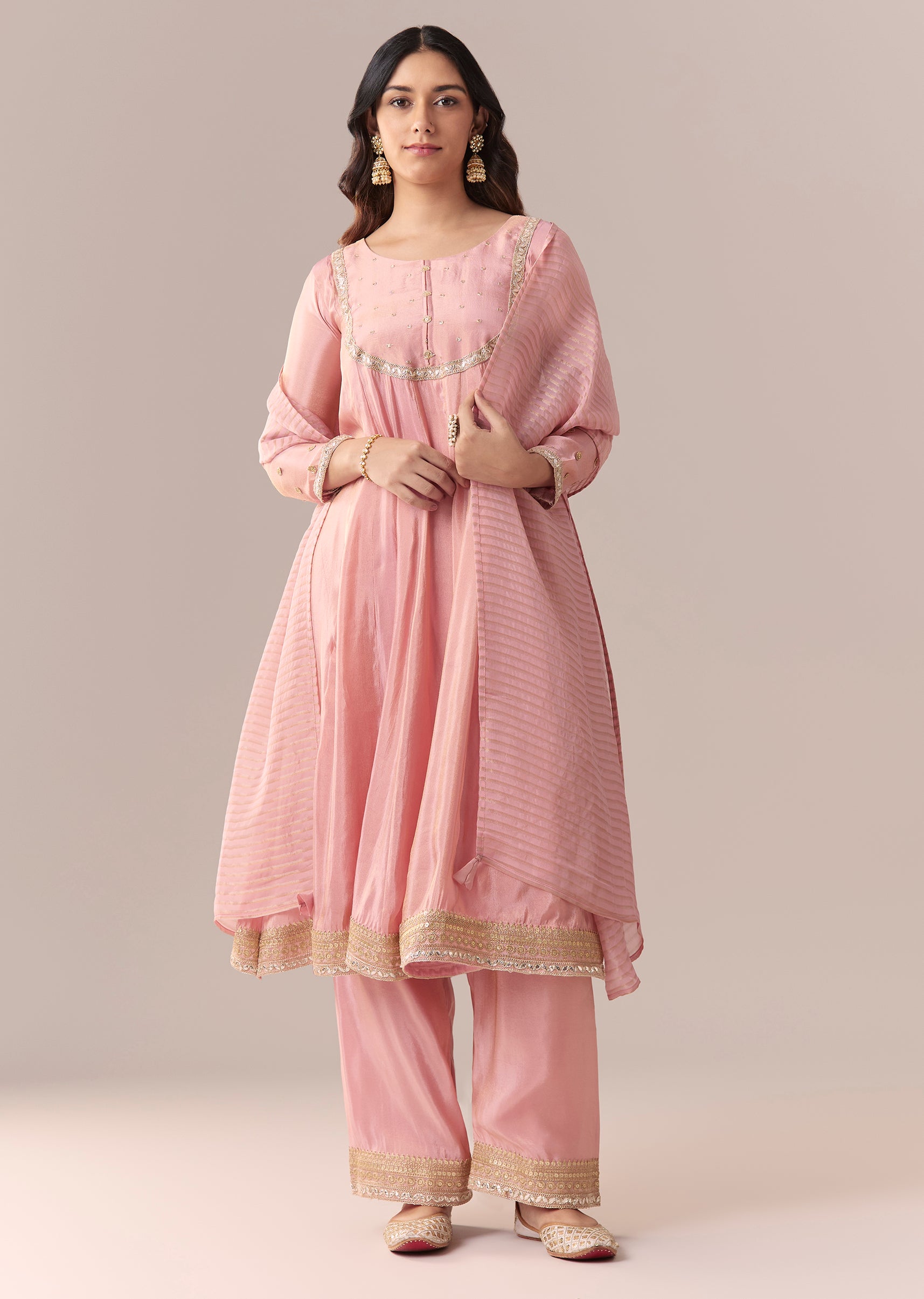 Pink Gotta Lace Tissue Anarkali Suit Set With Pant And Dupatta
