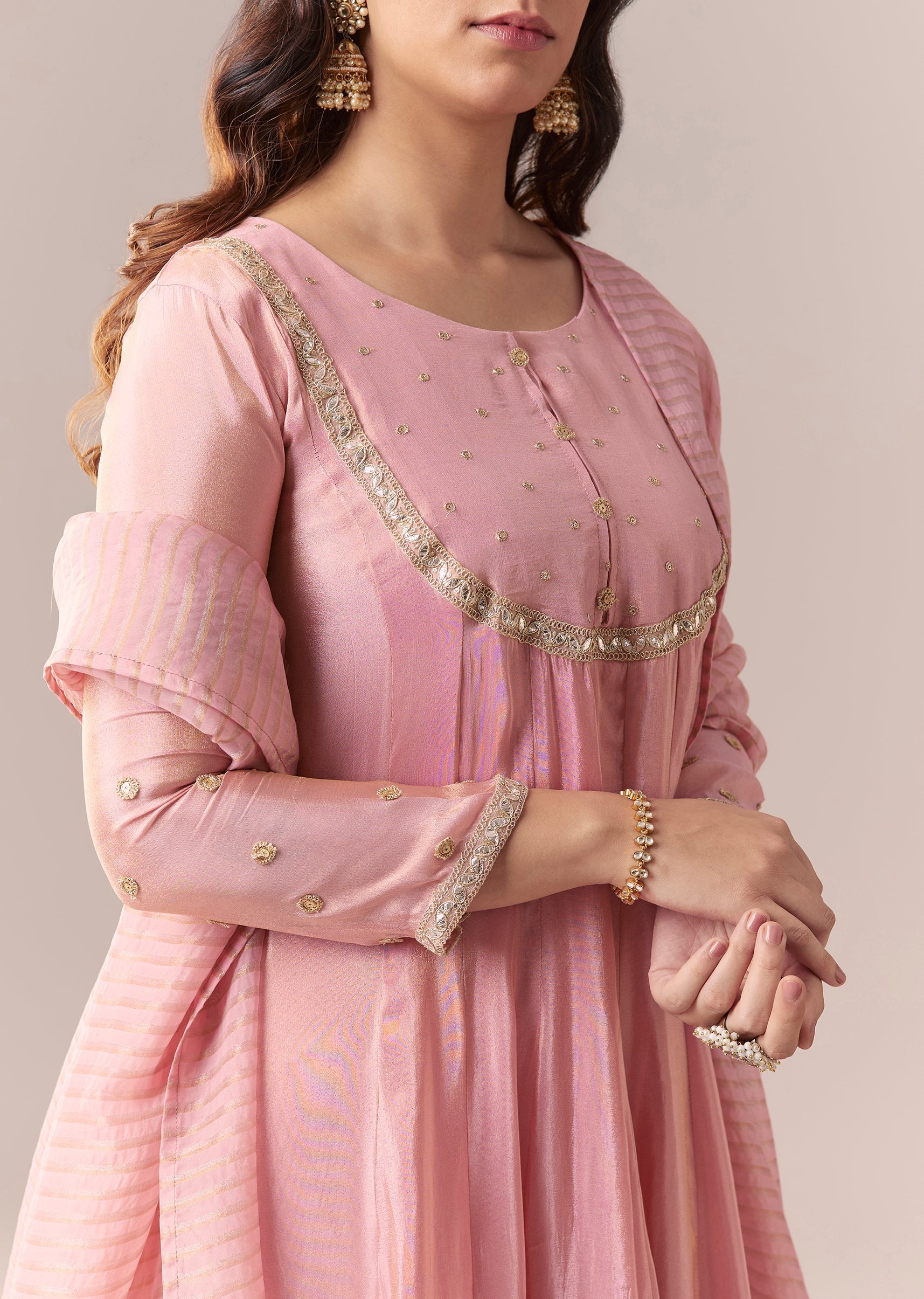 Pink Gotta Lace Tissue Anarkali Suit Set With Pant And Dupatta