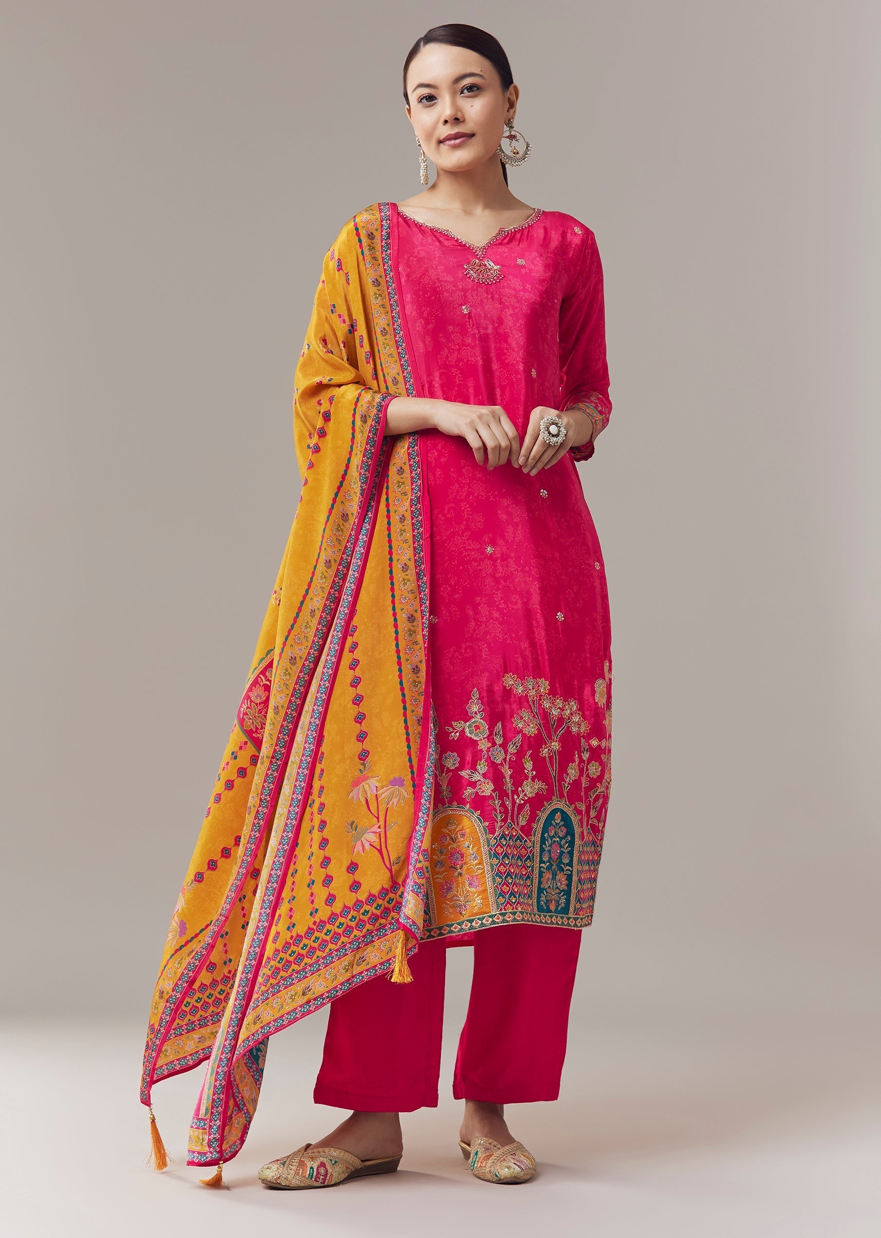 Pink Kurta Set In Floral Print With Zari Work And Dupatta