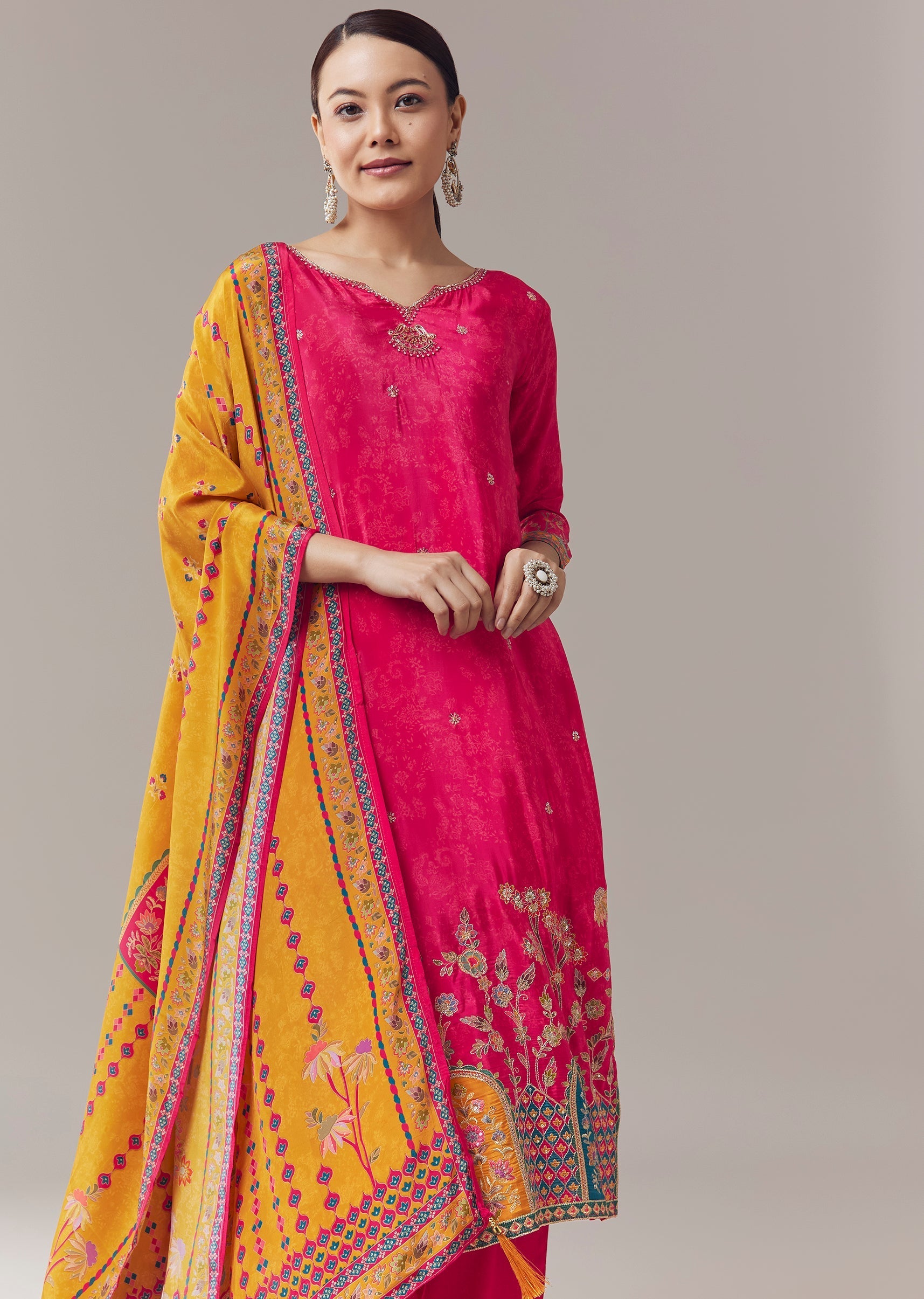 Pink Kurta Set In Floral Print With Zari Work And Dupatta