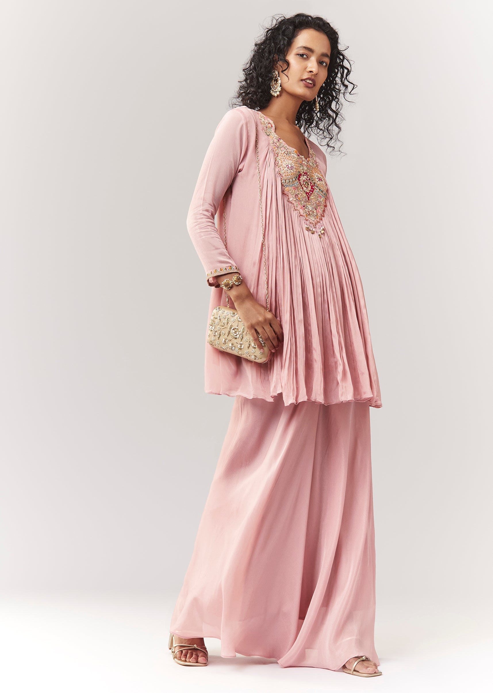 Pink Thread And Zardosi Cape Style Top With Palazzo