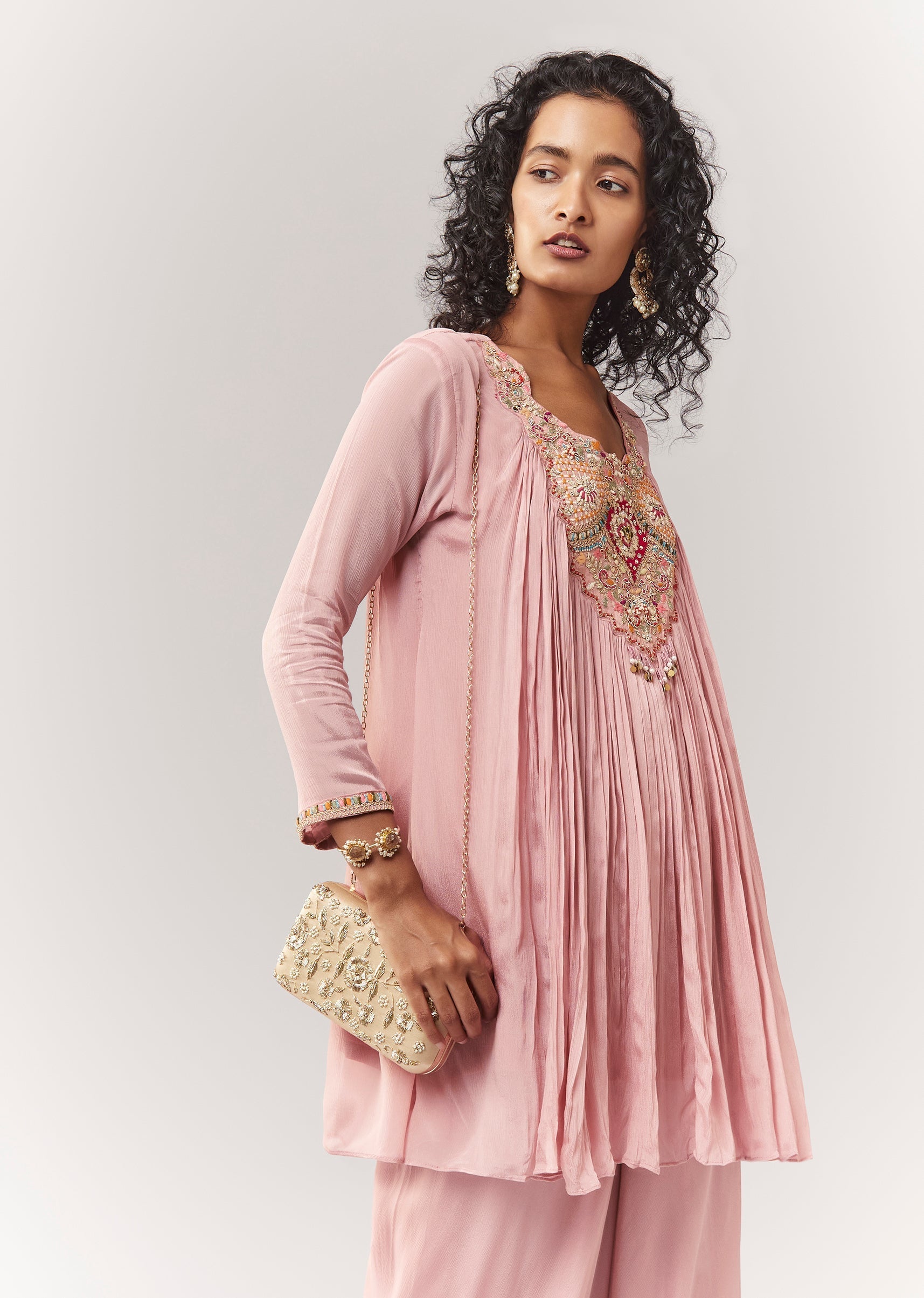 Pink Thread And Zardosi Cape Style Top With Palazzo