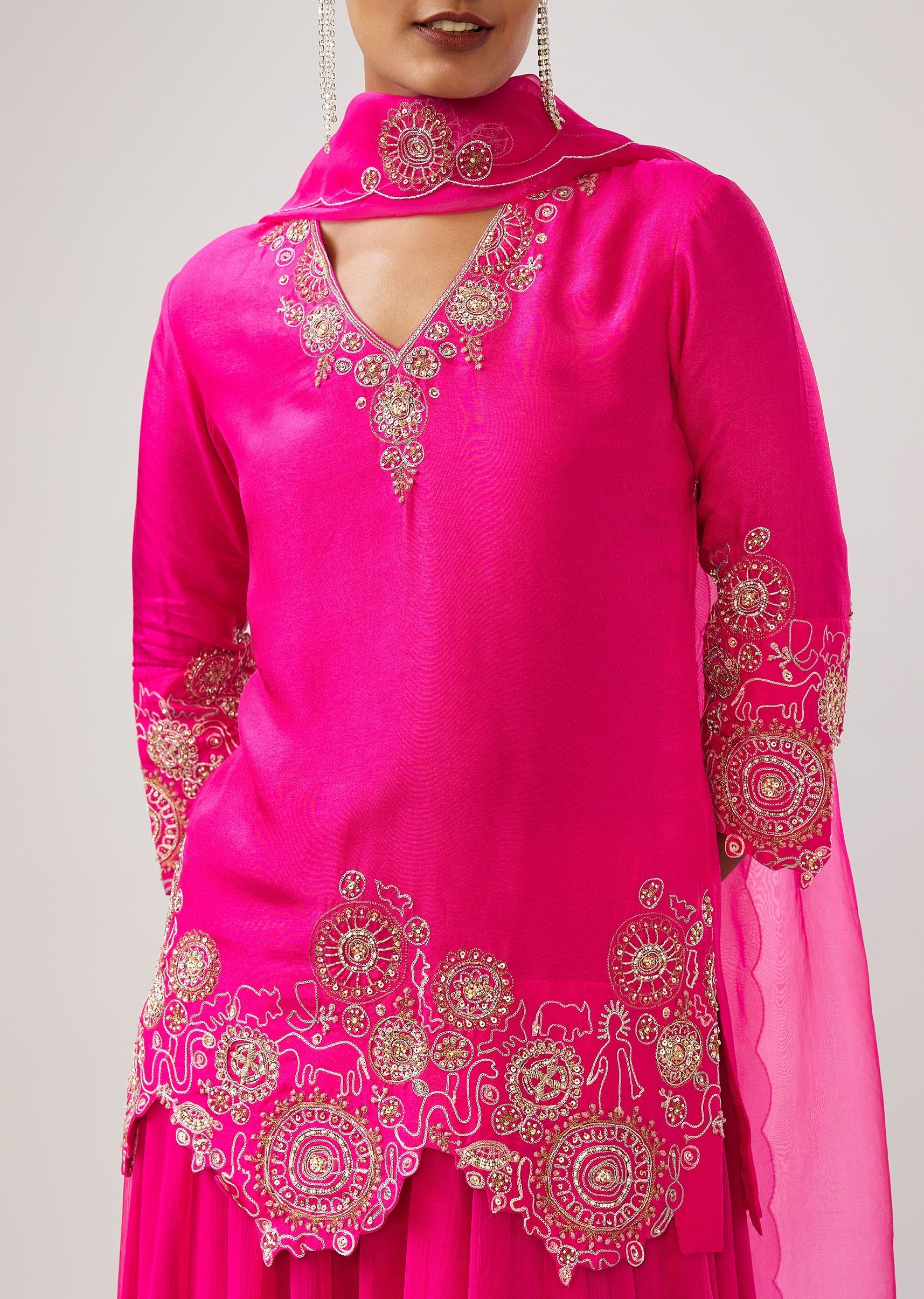 Pink Zari Sequin Resham Palazzo Suit With Dupatta