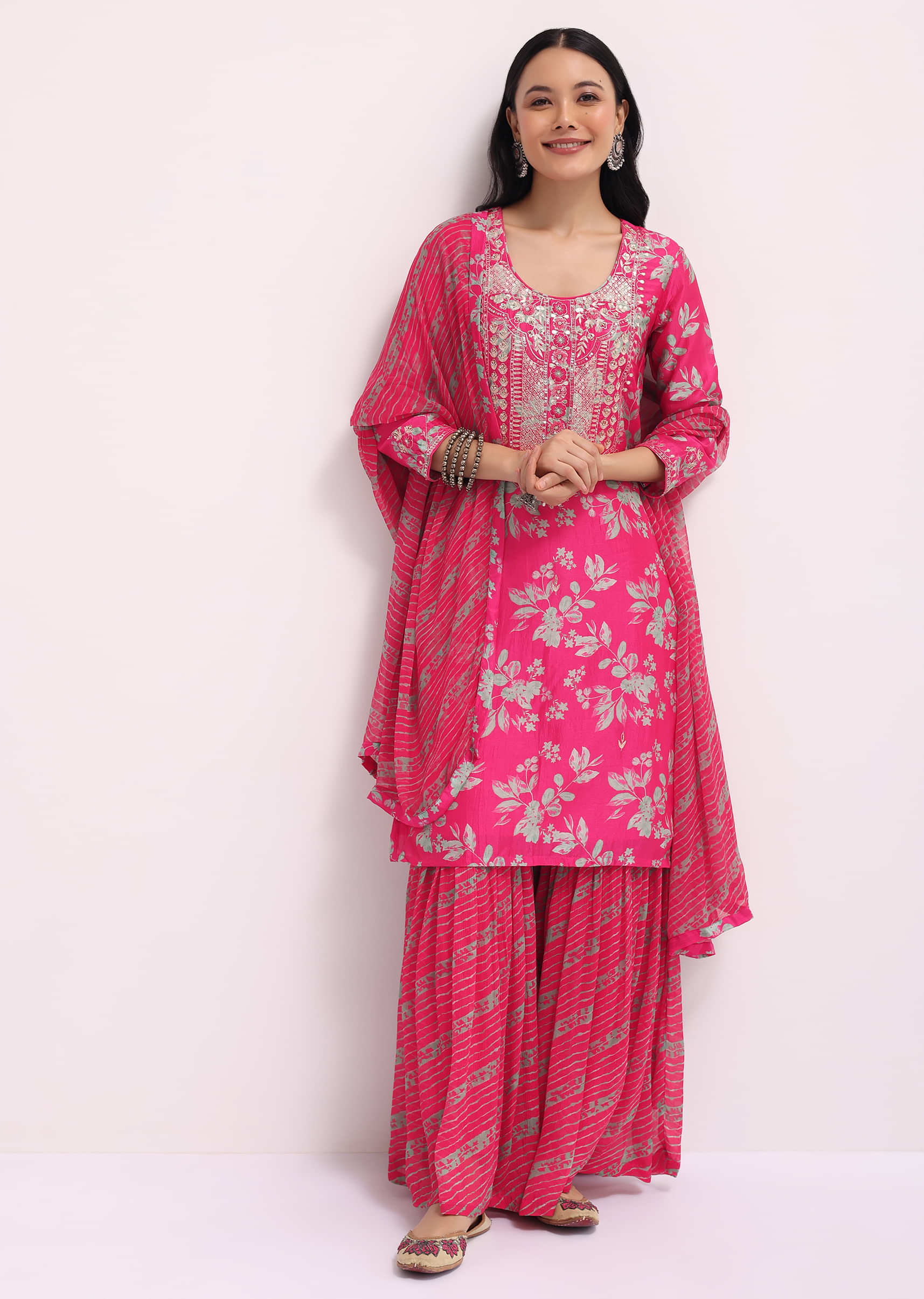 Pink Printed Tussar Kurta Sharara Set With Gotta Pati