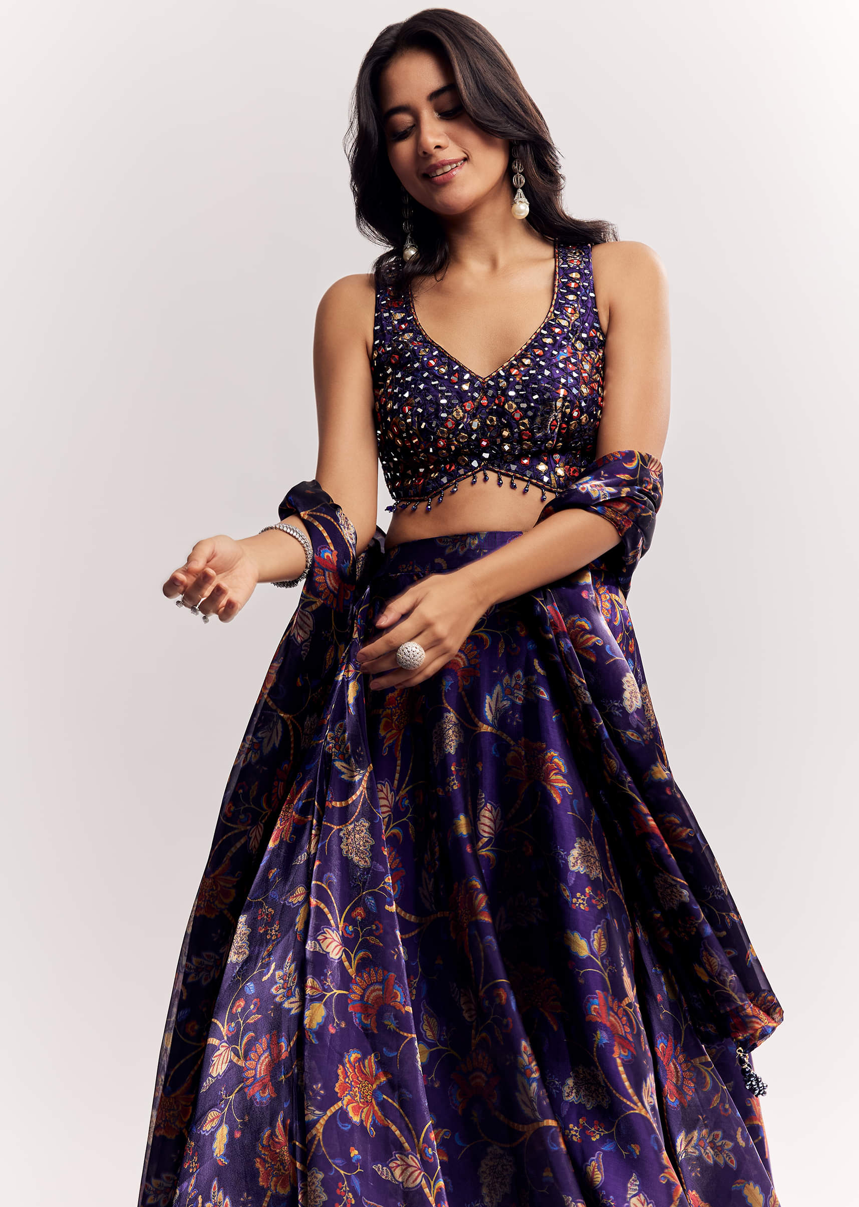 Purple Mirror Work Lehenga Choli Set In Organza Tissue