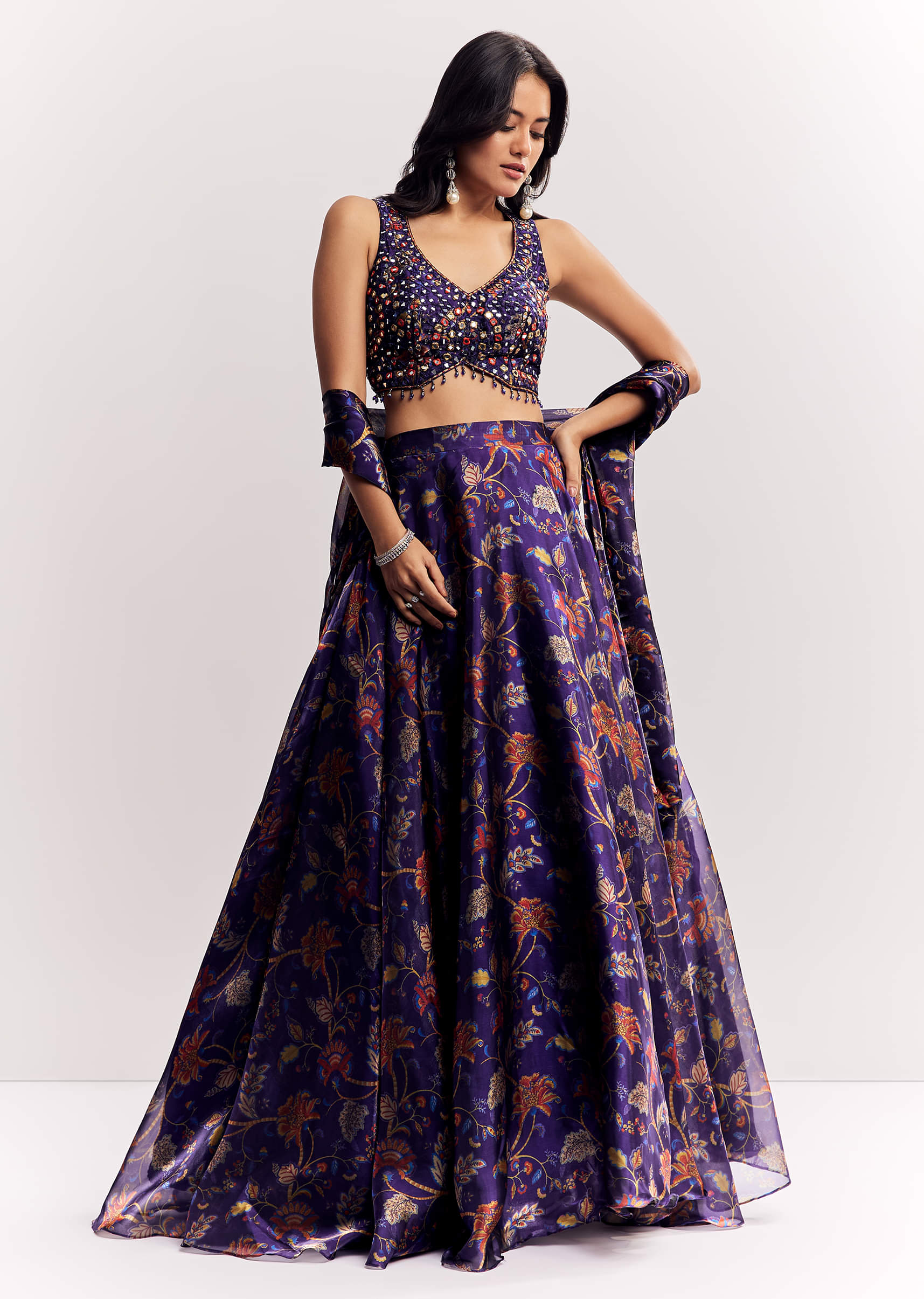 Purple Mirror Work Lehenga Choli Set In Organza Tissue