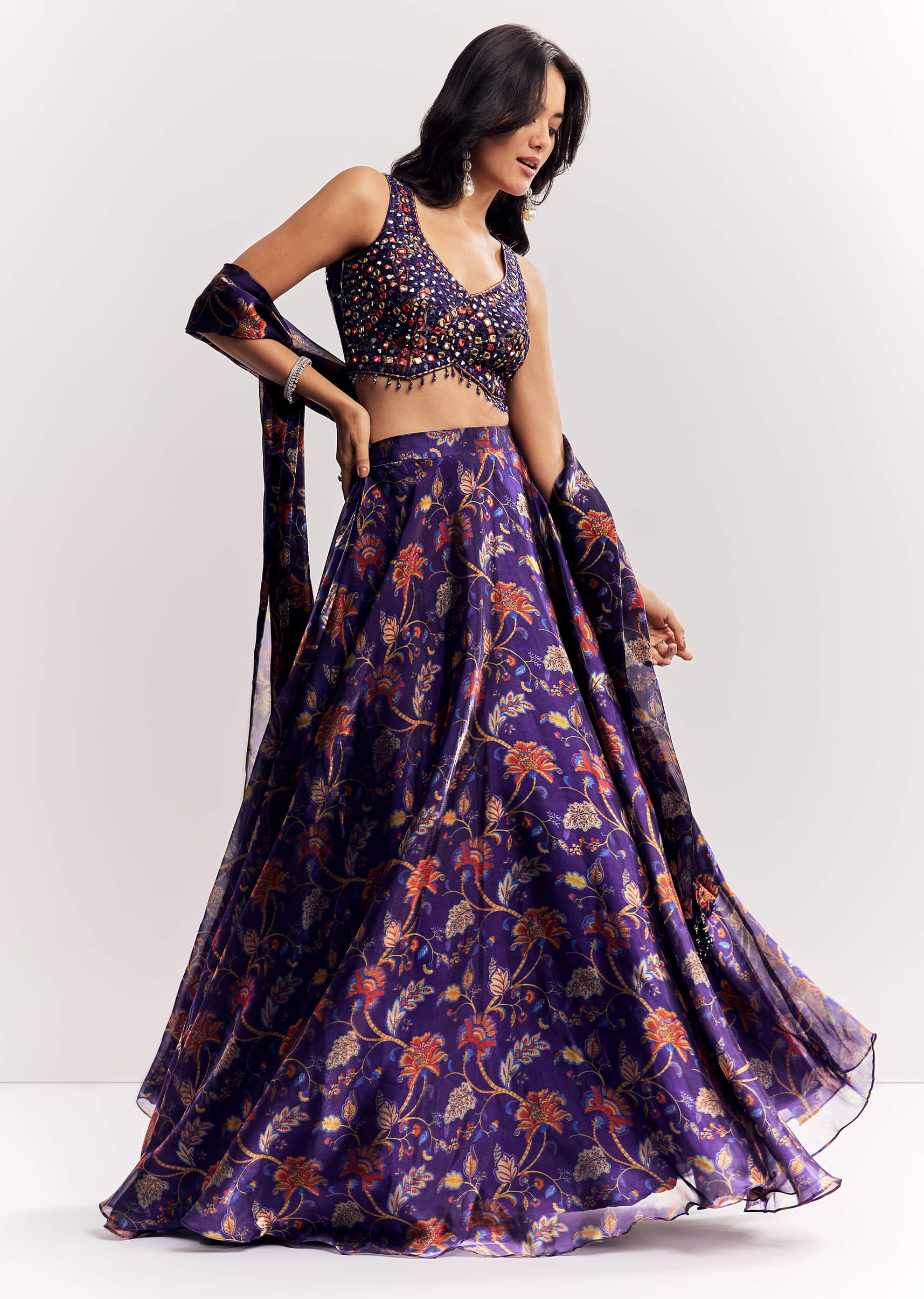 Purple Mirror Work Lehenga Choli Set In Organza Tissue