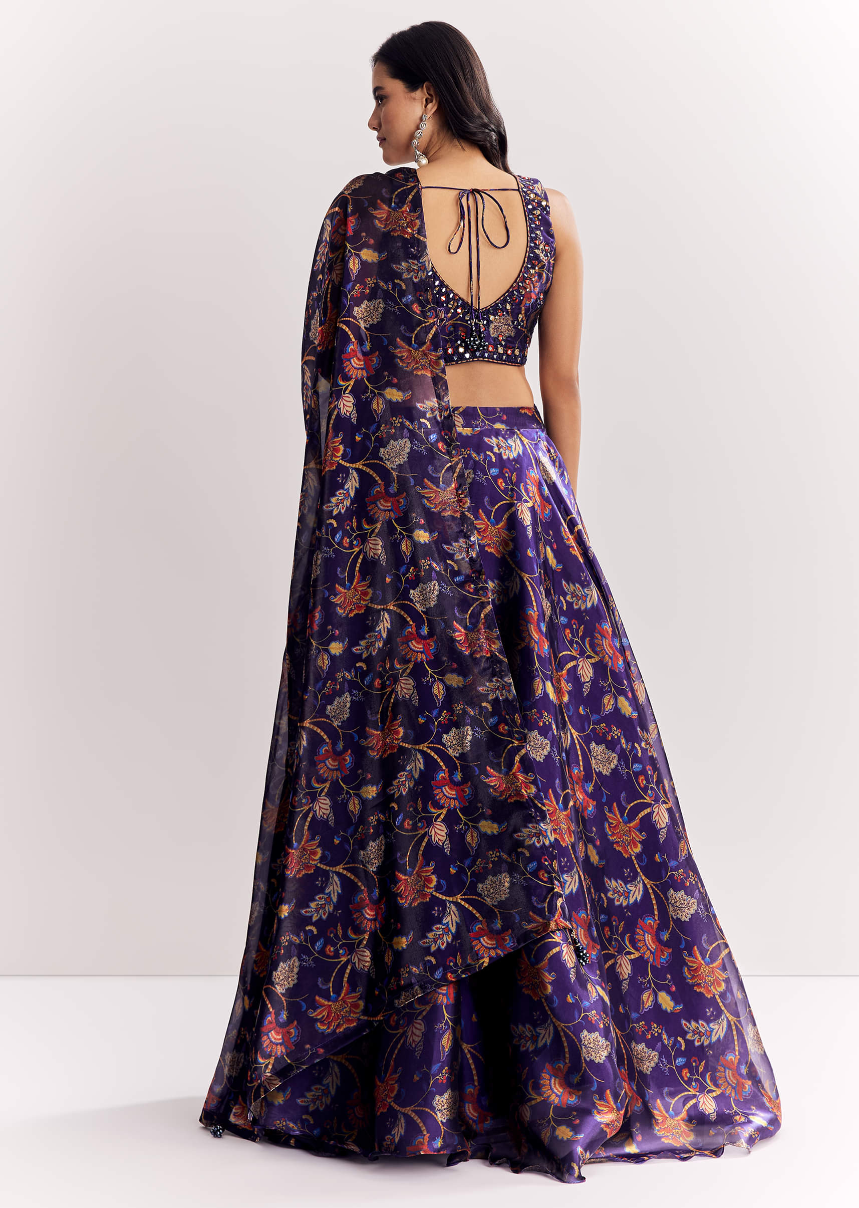 Purple Mirror Work Lehenga Choli Set In Organza Tissue