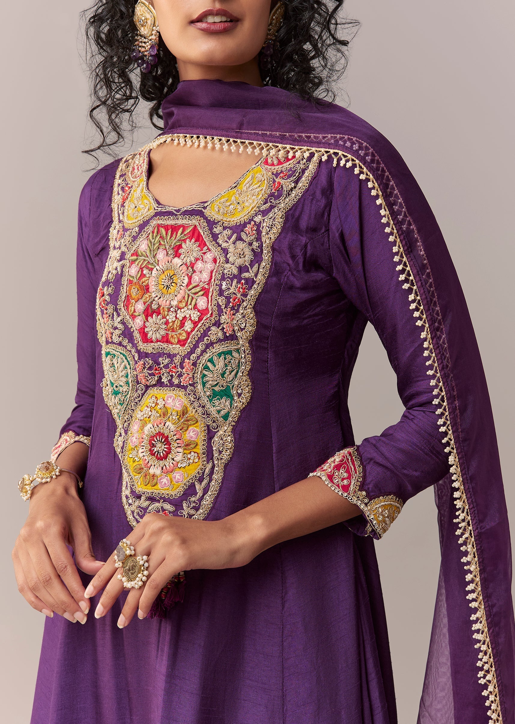 Purple Patchwork Zardosi & Thread Anarkali Set With Dupatta