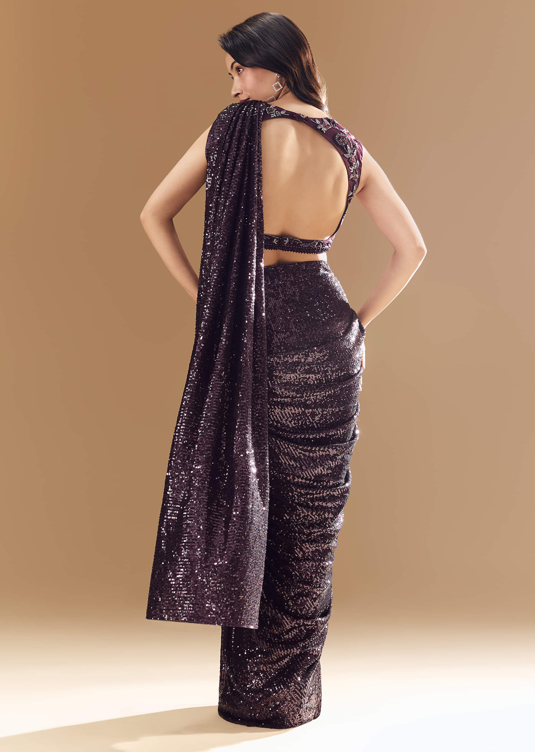 Purple Ready Pleated Shimmer Net Saree with Blouse