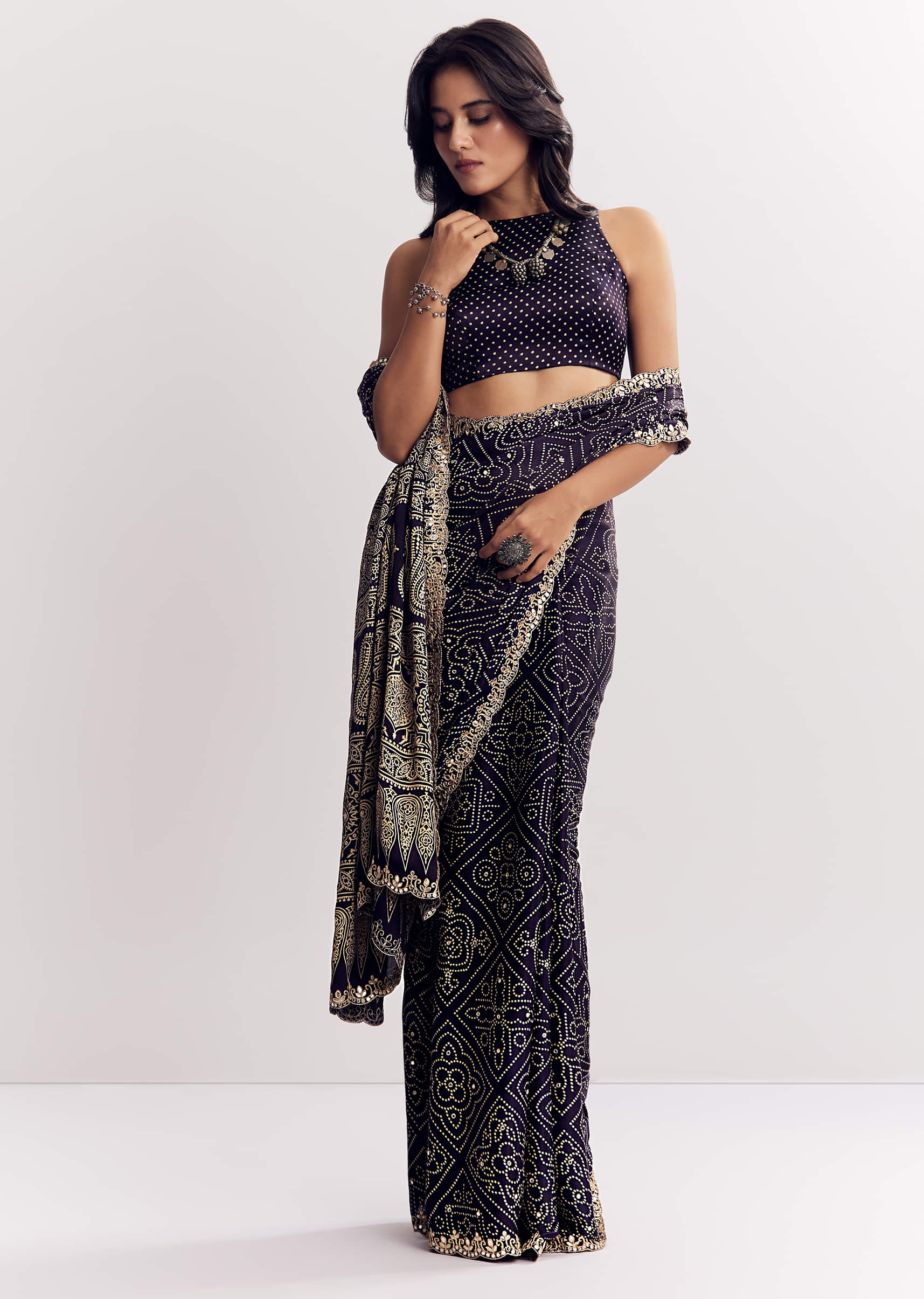 Purple Satin Ajrakh Printed Saree With Gota And Mirror Embroidery