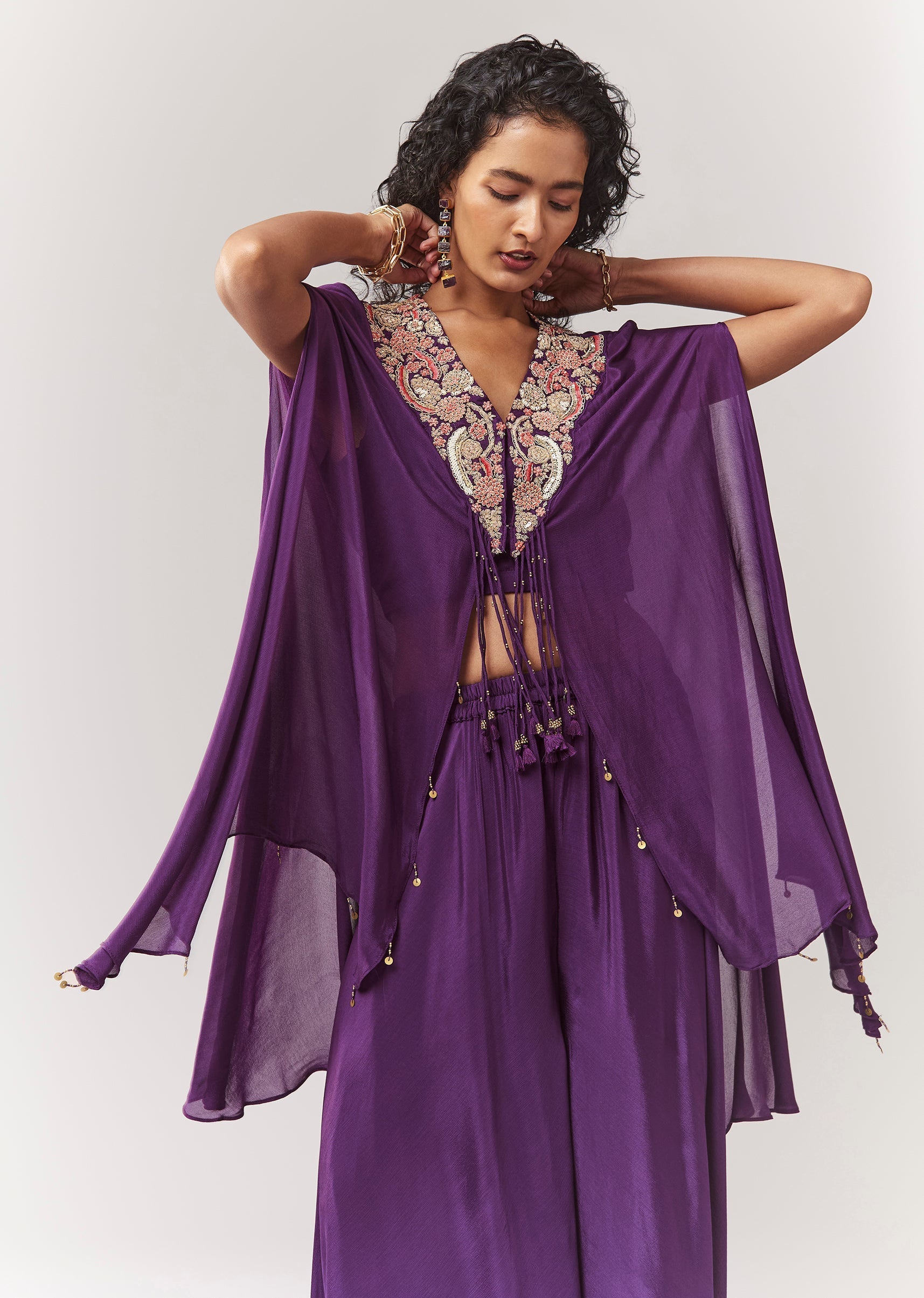Purple Zardosi And Moti Cape Set With Palazzo