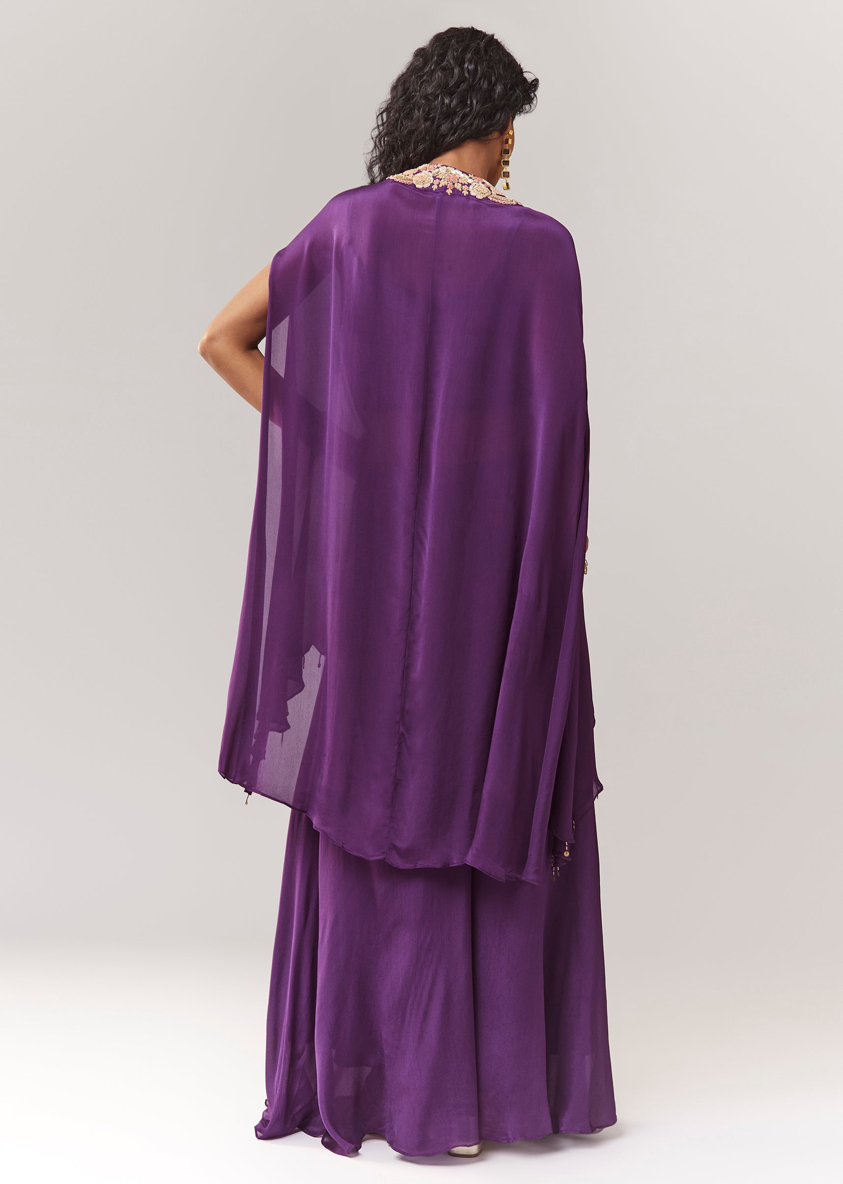 Purple Zardosi And Moti Cape Set With Palazzo