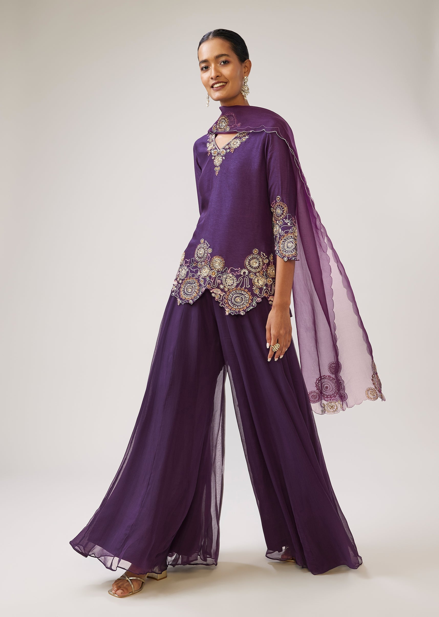 Purple Zari Resham Palazzo Set In Silk With Dupatta