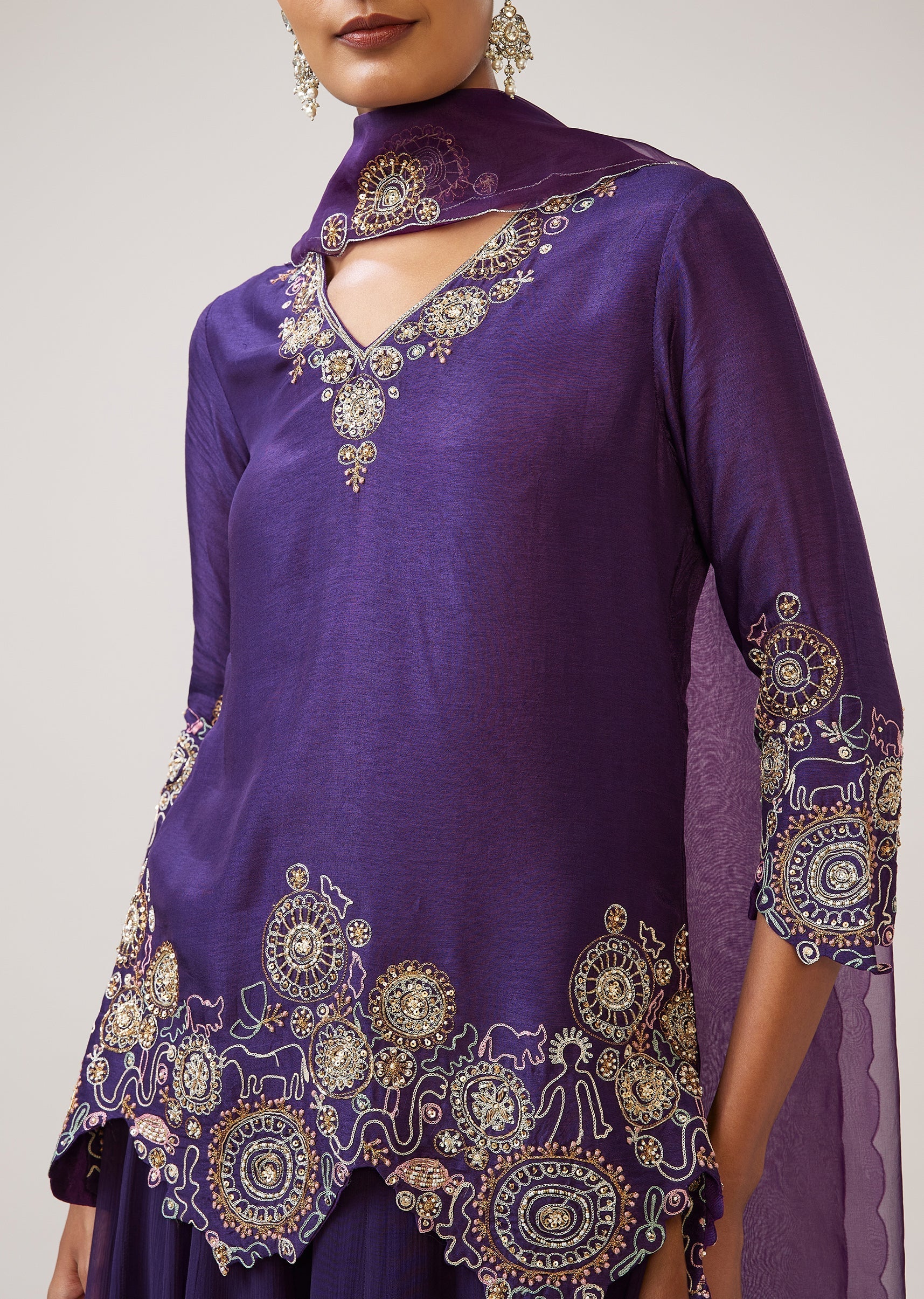 Purple Zari Resham Palazzo Set In Silk With Dupatta