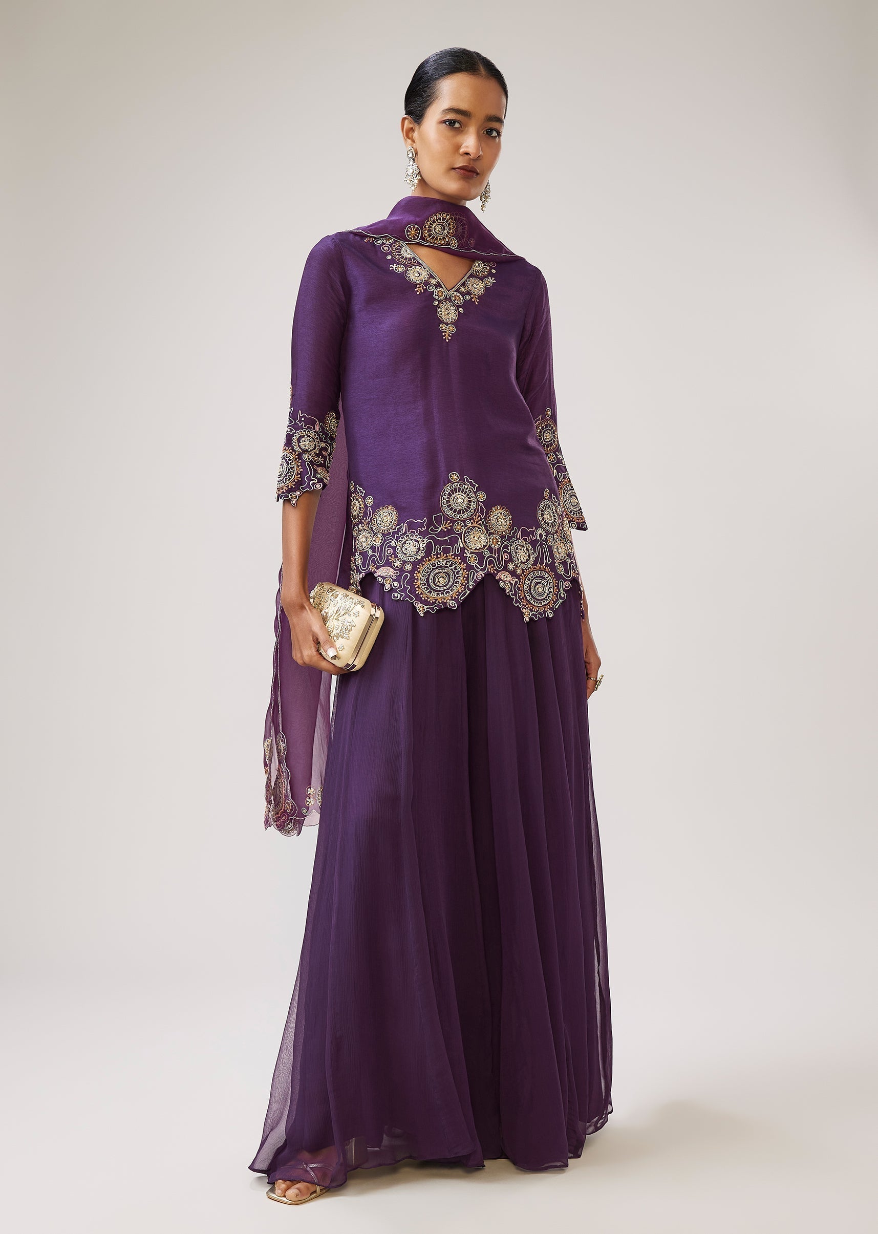 Purple Zari Resham Palazzo Set In Silk With Dupatta