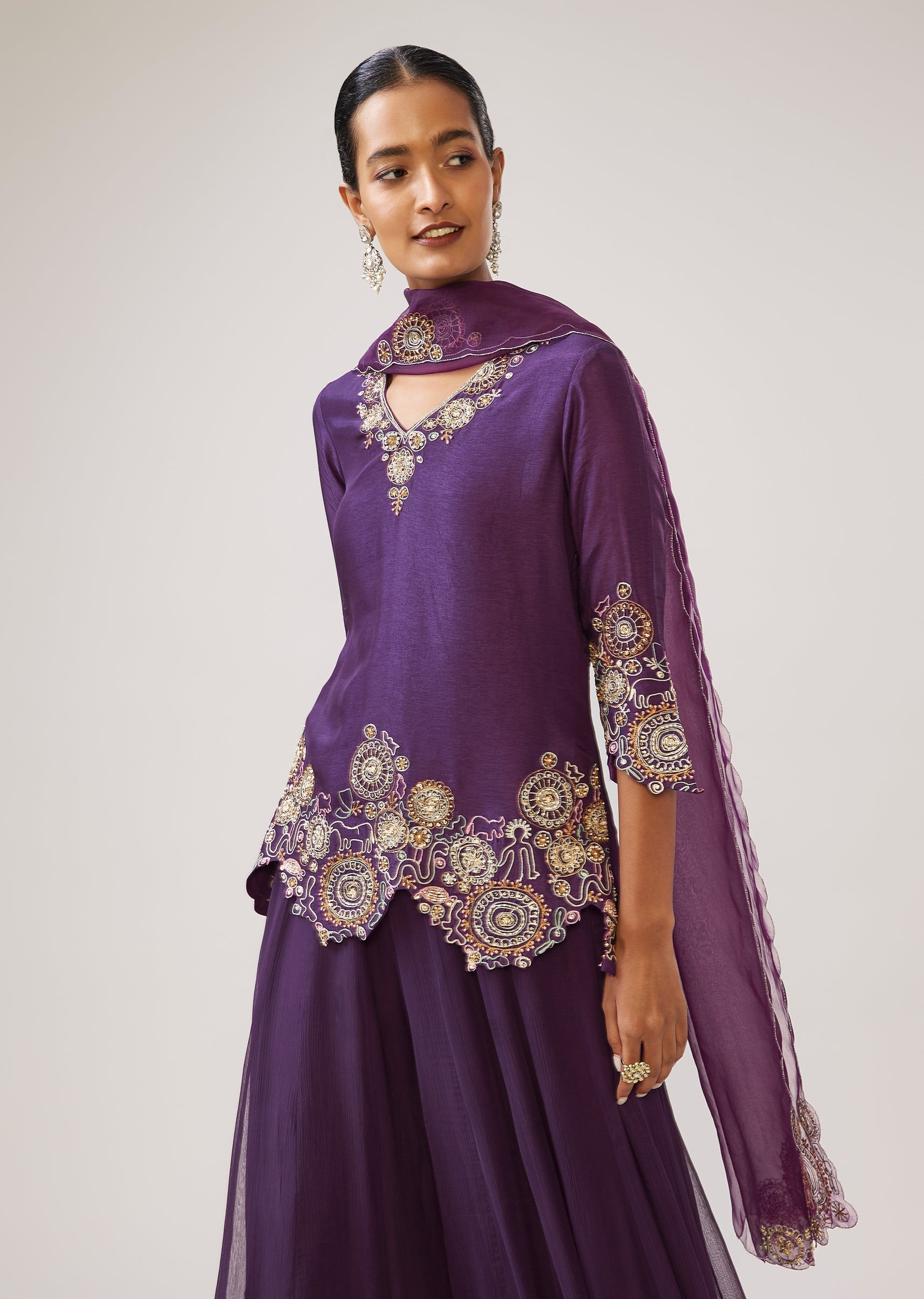Purple Zari Resham Palazzo Set In Silk With Dupatta