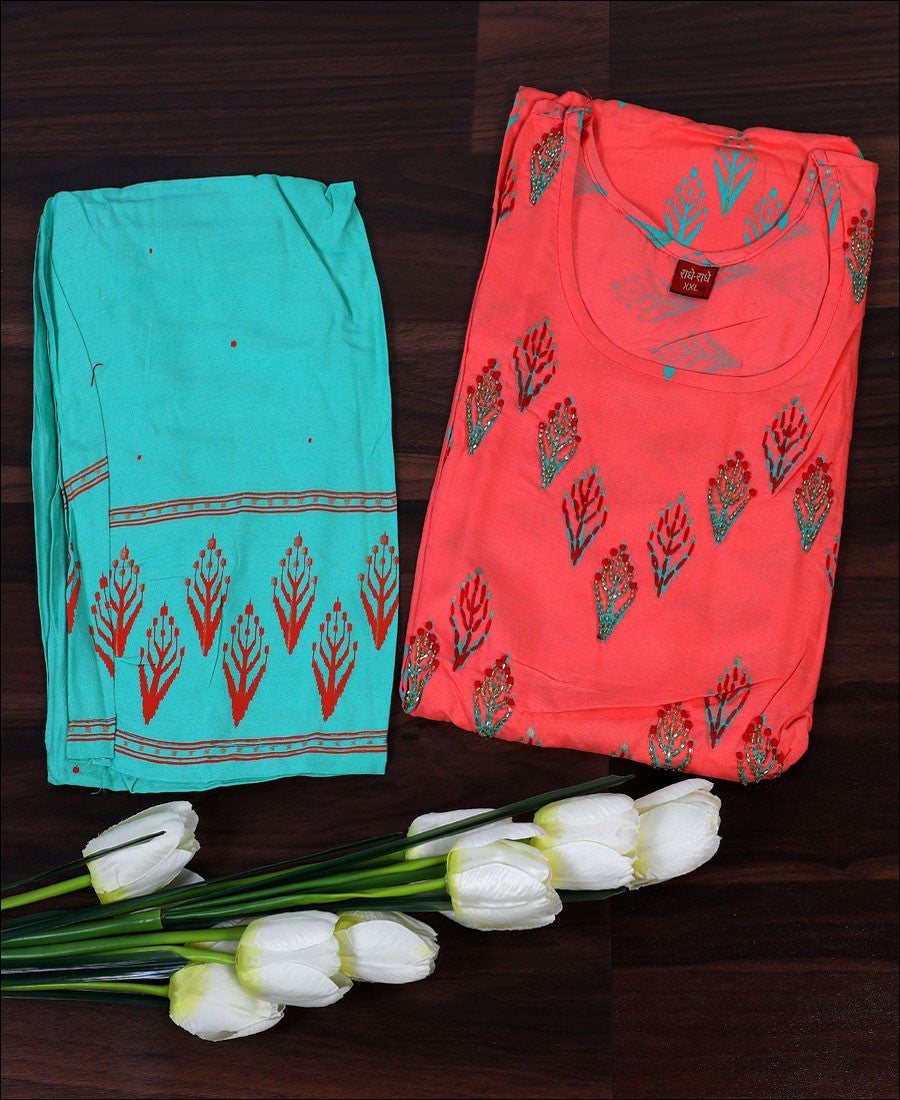 Pink Rayon Block Print Zardoshi Hand Work Kurti Set