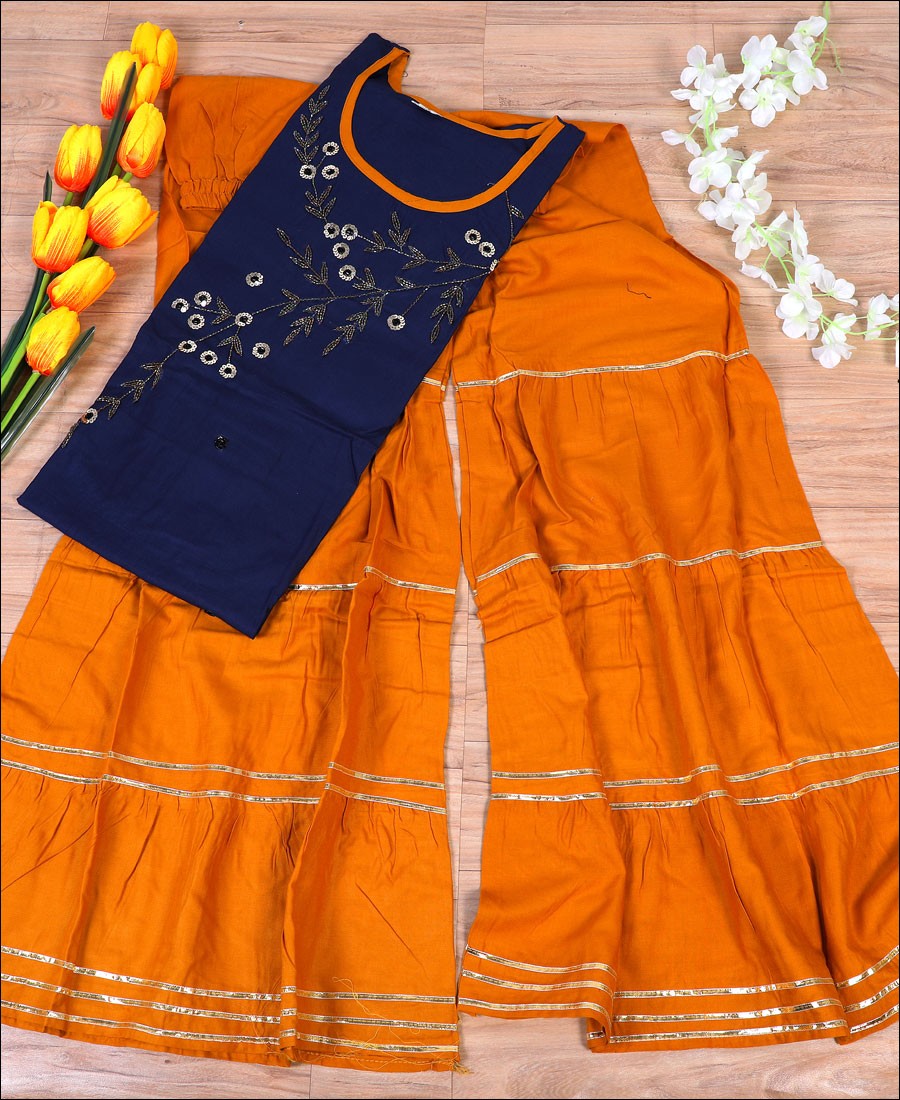 Blue Rayon Hand Work Kurti Set