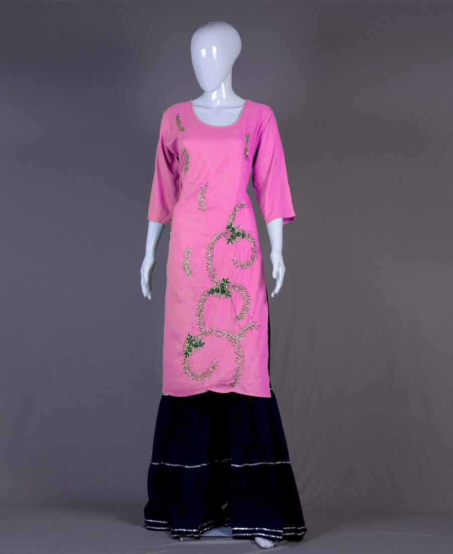 Pink Rayon zardoshi handwork Kurti Set