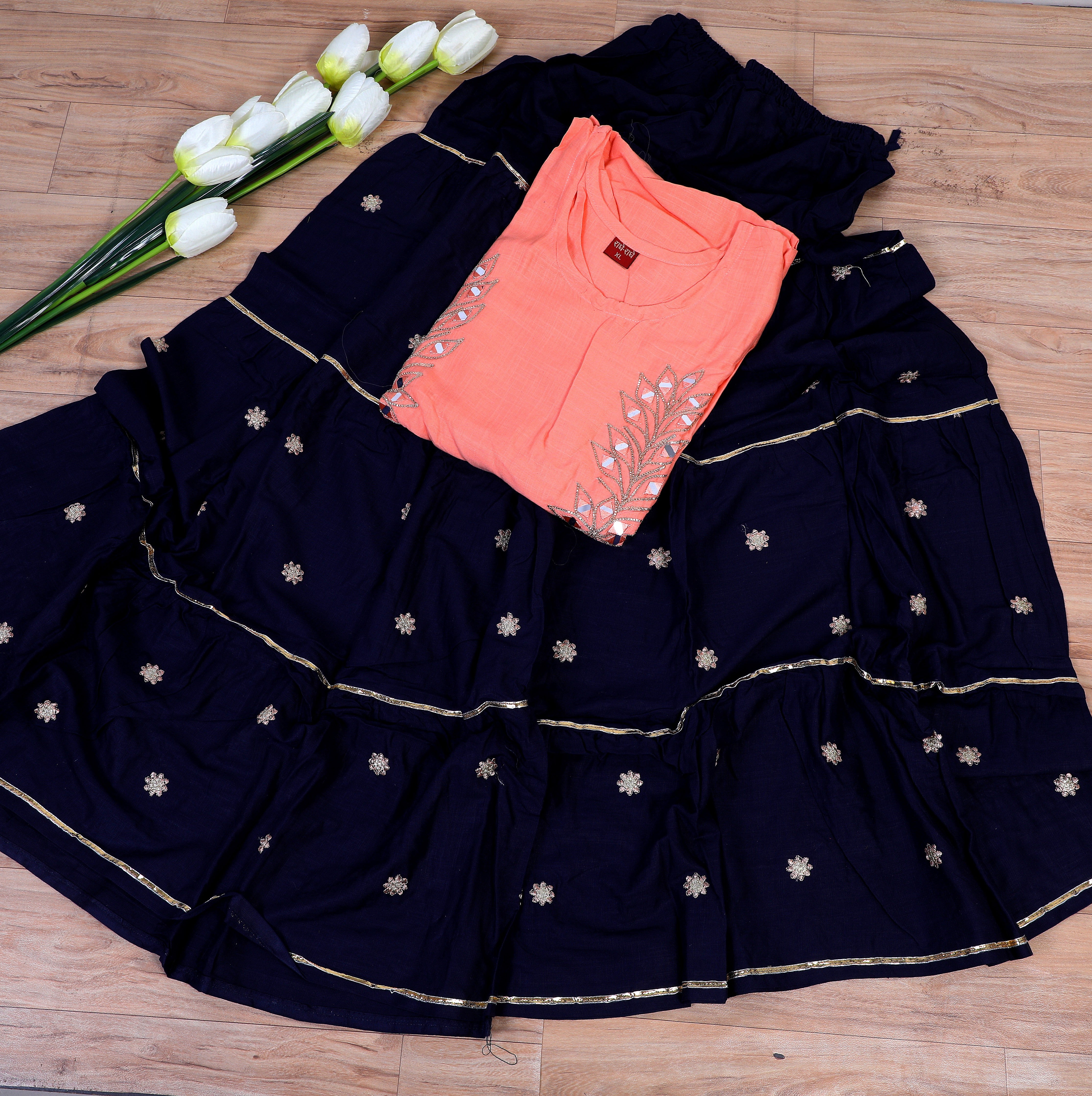 Peach Rayon embroidered with foil mirror Work Kurti Set