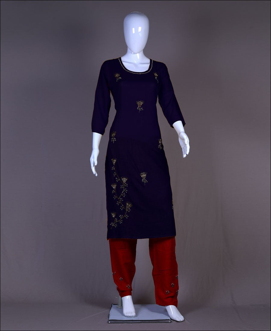 Blue Rayon pearl hand work Kurti Set