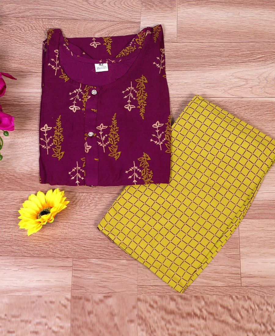 Purple Rayon block print Kurti Set