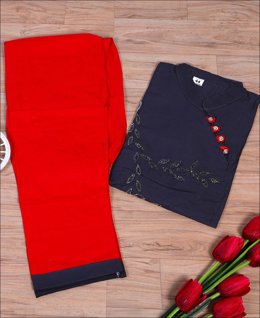 Grey Coloured Cotton Hand Work Kurti Set
