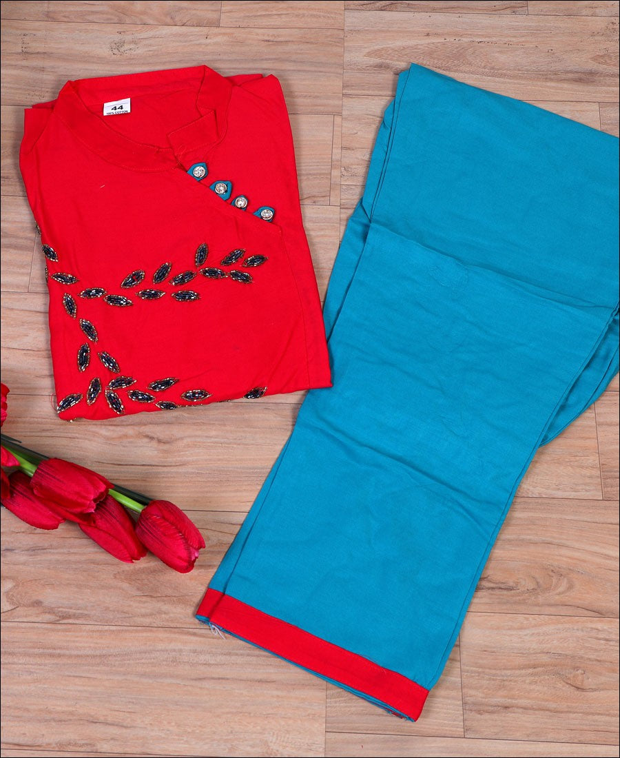 Pink Coloured Cotton Hand Work Kurti Set